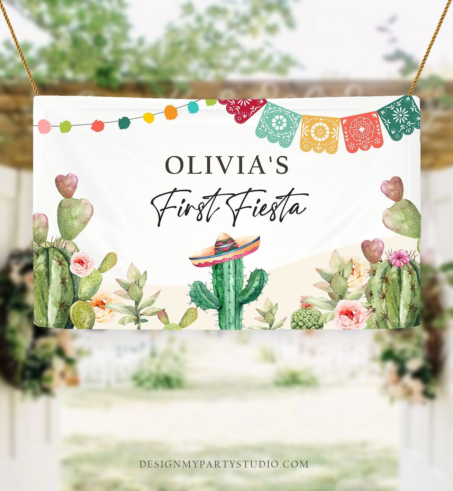 Editable First Fiesta Birthday Backdrop Banner Mexican Cactus Succulent Desert Floral Girl Shower Digital Download Template Printable 0404