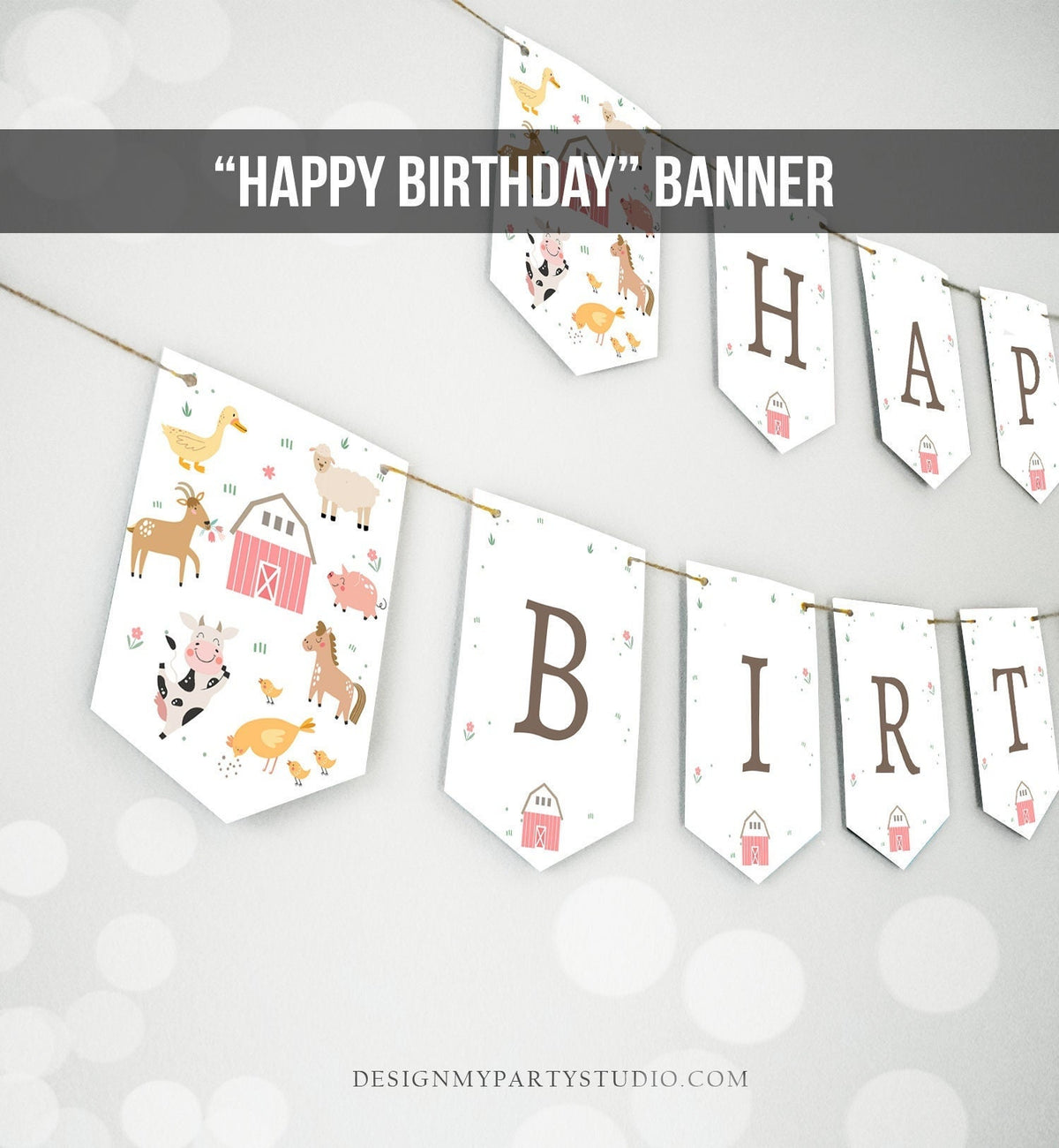 Happy Birthday Banner Pink Farm Birthday Banner Farm Animals Girl Barnyard Birthday Decorations Instant Digital Download Printable 0436