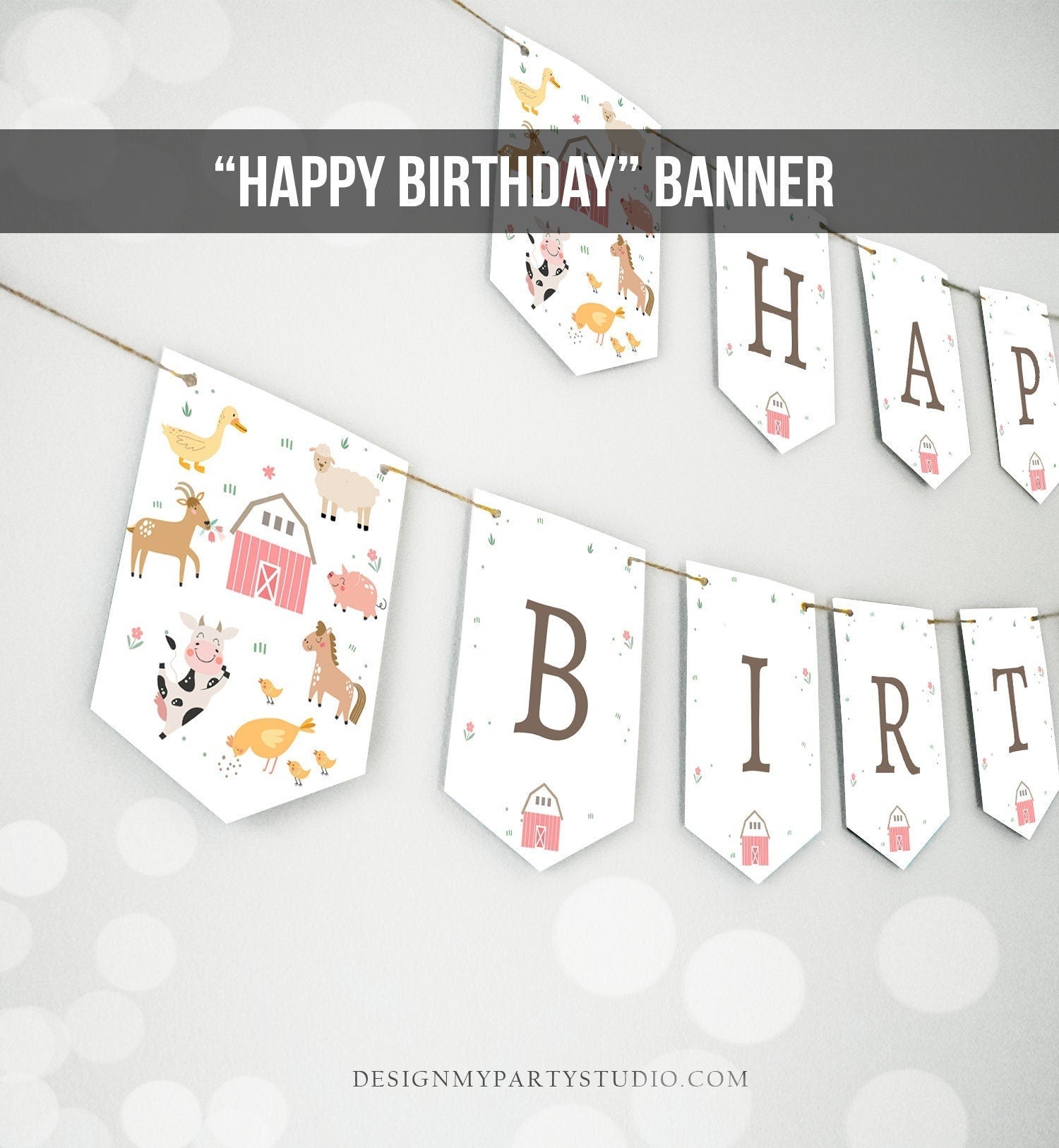 Happy Birthday Banner Pink Farm Birthday Banner Farm Animals Girl Barnyard Birthday Decorations Instant Digital Download Printable 0436