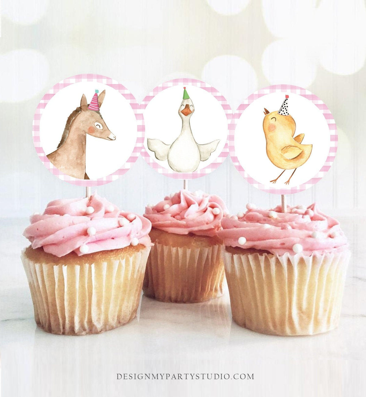 Barnyard Birthday Cupcake Toppers Favor Tags Farm Birthday Party Decoration Girl Farm Animals Pink Stickers Digital Download Printable 0155