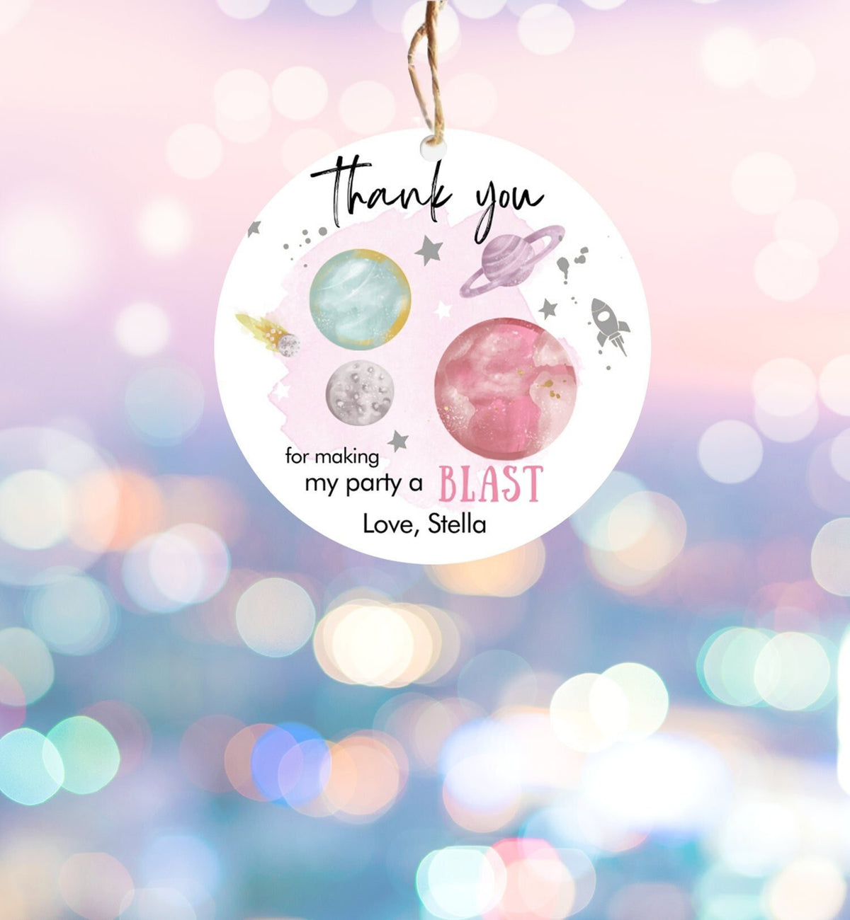 Editable Outer Space Favor Tag Space Birthday Thank You Sticker Galaxy Silver Trip Around the Sun Planets Digital Template Printable 0357