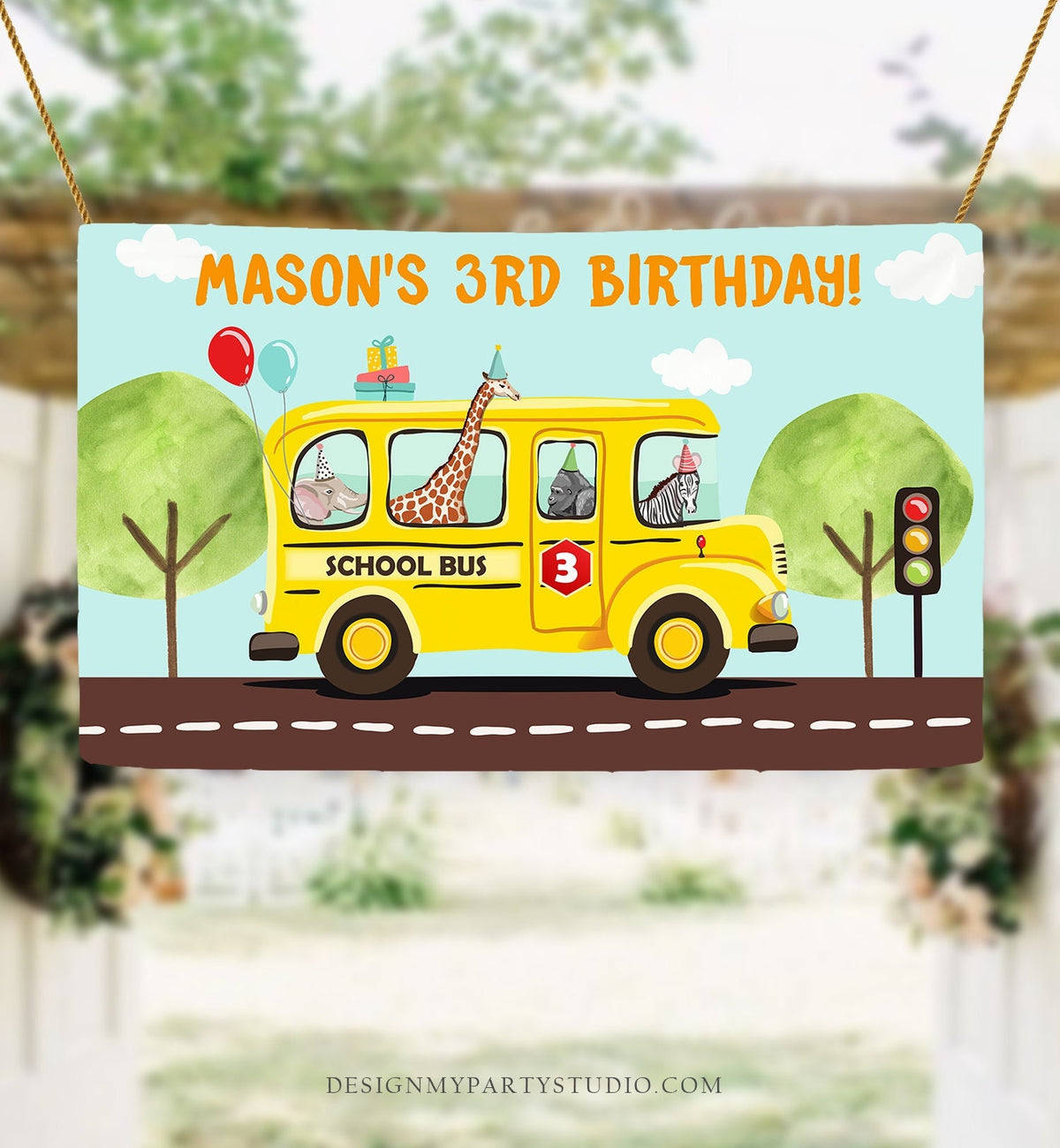 Editable Wheels on the Bus Backdrop Banner School Bus Birthday Boy Wheels on The Bus Birthday Party Digital Download Template Printable 0325