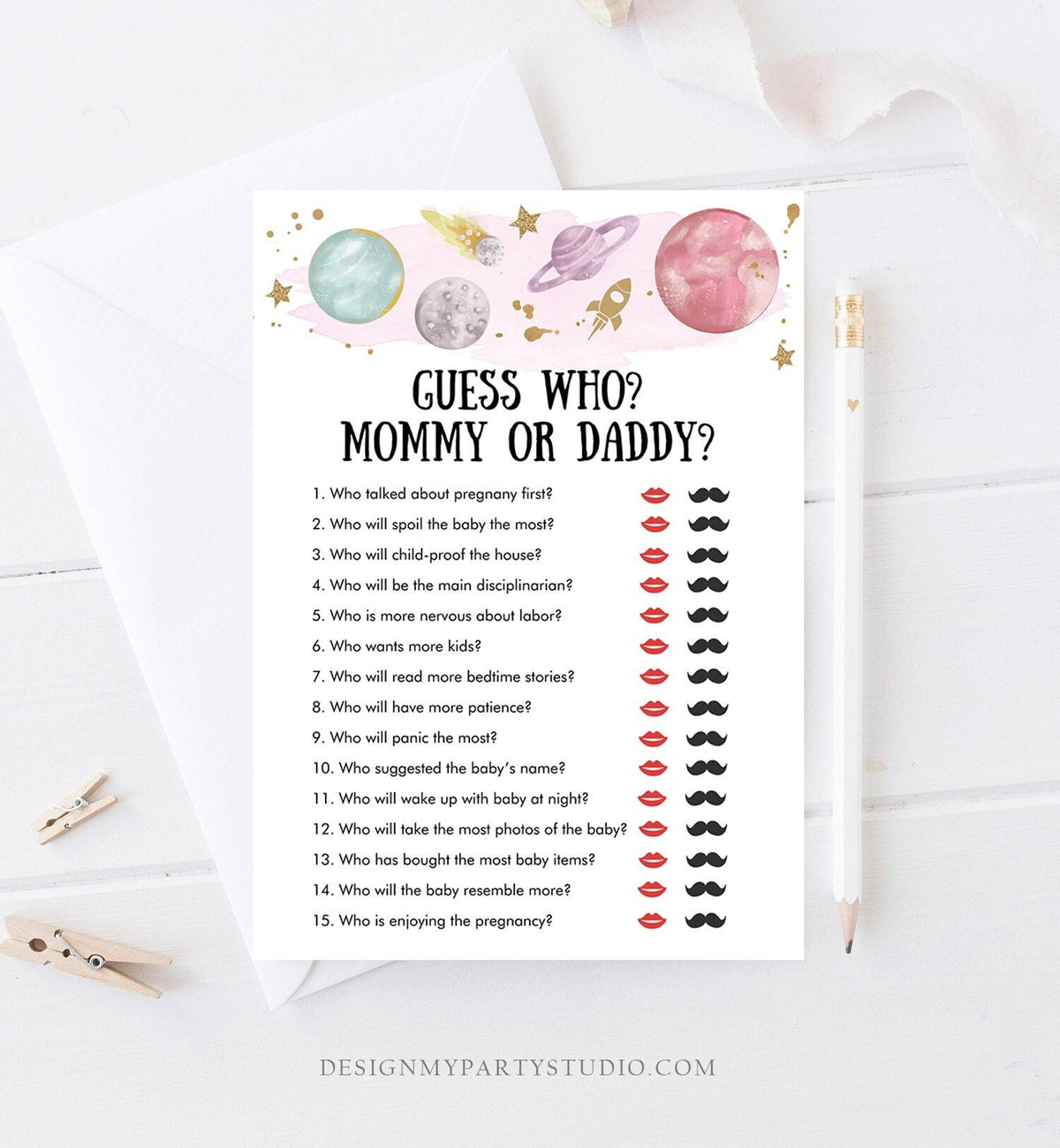 Editable Mommy or Daddy Baby Shower Game Guess Who Outer Space Planets Houston We Have a Girl Activity Digital Template Printable 0357