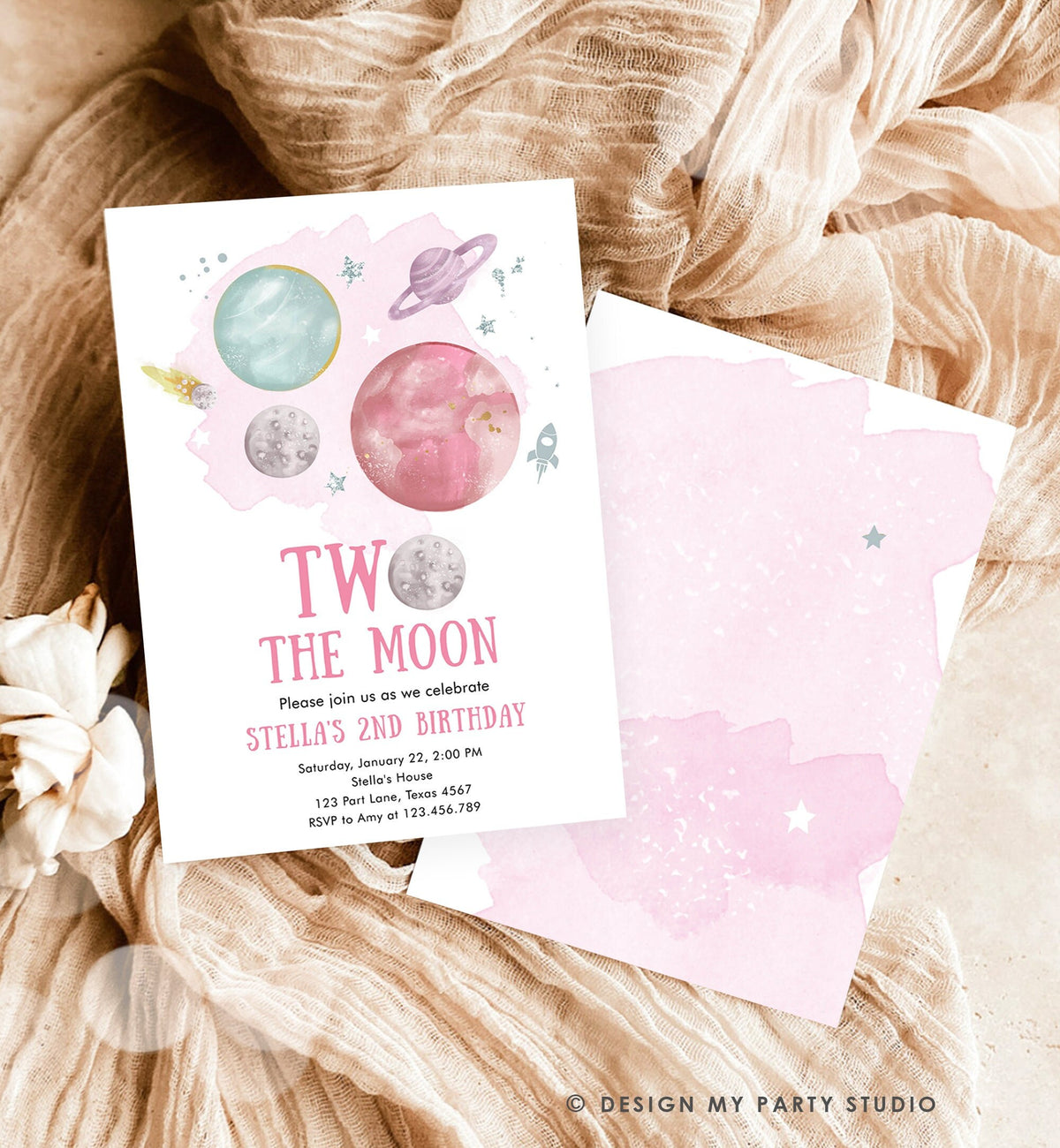 Editable Two the Moon 2nd Second Birthday Invitation Girl Pink Silver Space Planets Galaxy Digital Download Evite Template Printable 0357