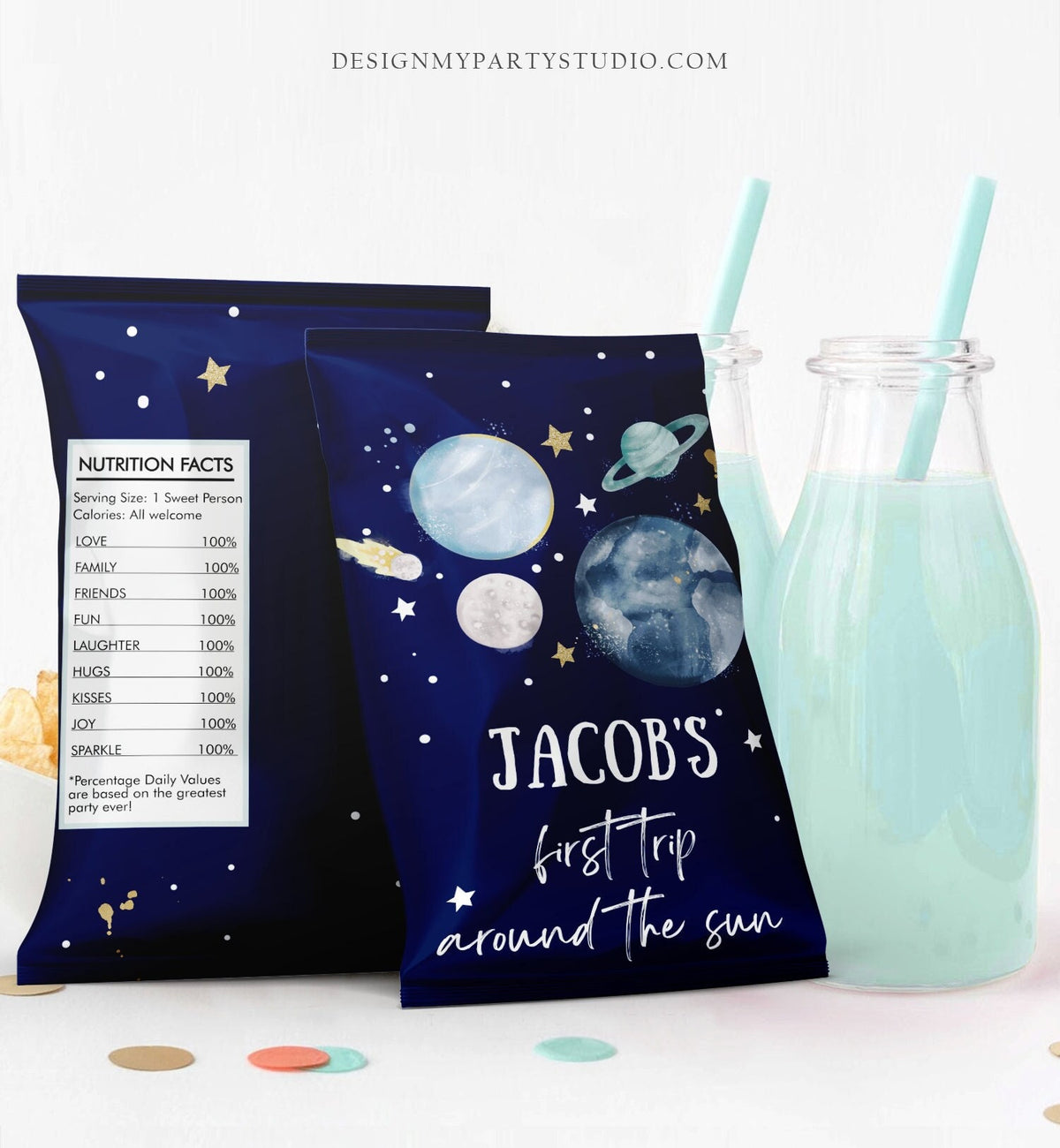Editable Outer Space Chip Bag First Trip Around the Sun 1st Birthday Party Decor Boy Astronaut Galaxy Favors Digital Template Printable 0357