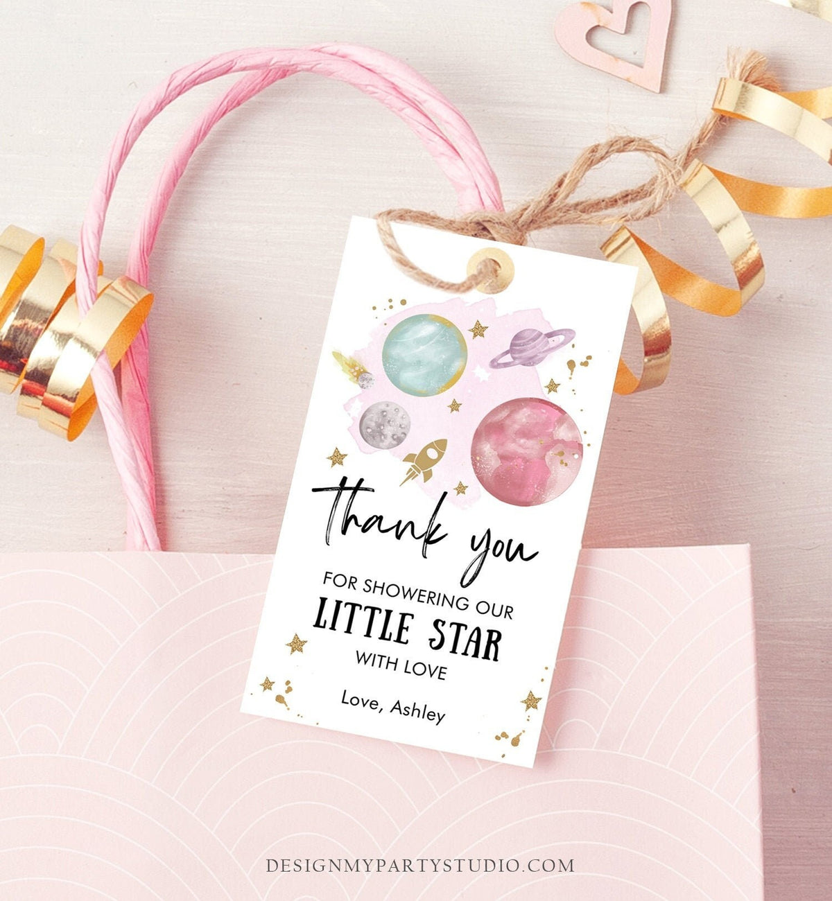 Editable Outer Space Favor Tag Space Baby Shower Thank You Girl Little Star Gift Around Sun Planets Digital Download Template Printable 0357