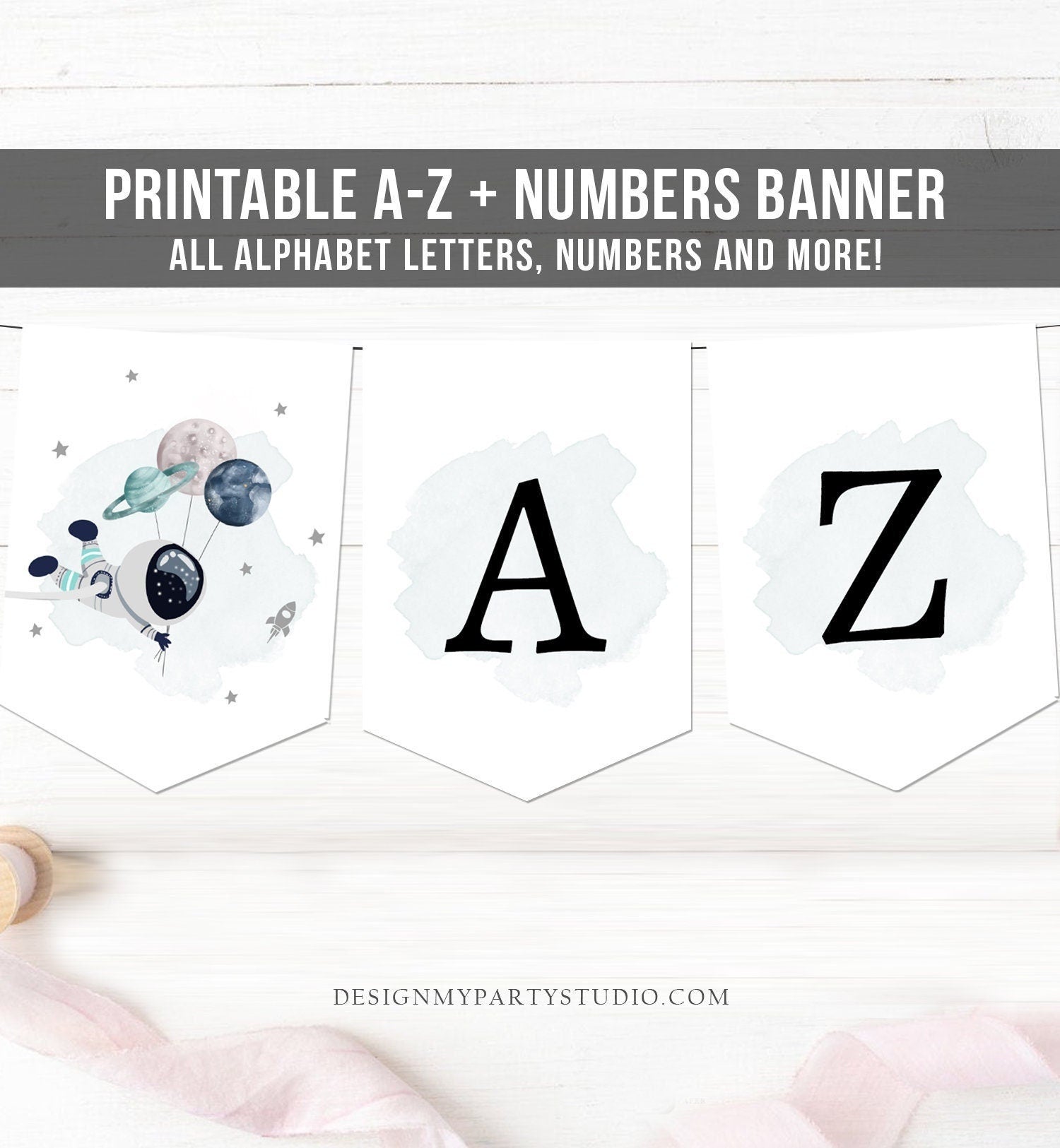 Space Alphabet Banner Letters A to Z Numbers Space Birthday Banner Boy Blue Galaxy Party Decor DIY Baby Shower Banner Digital Printable 0366