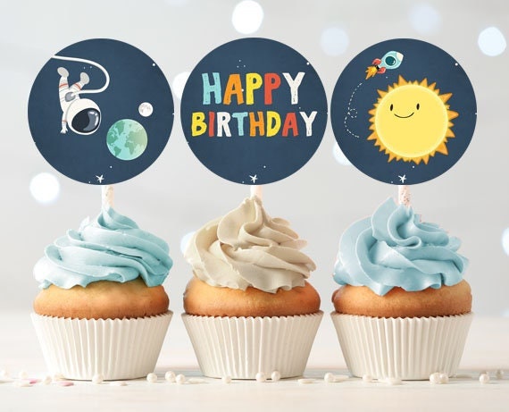 Outer Space Cupcake Toppers Favor Tags Space Birthday Decoration Astronaut Rocket Moon Spaceman Stickers Digital Download Printable 0046