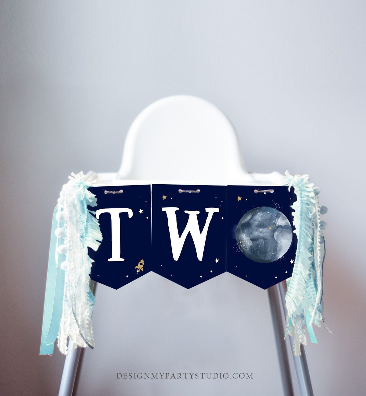 Outer Space Planets High Chair Banner Astronaut Rocket 2nd Birthday Boy High Chair TWO the Moon Banner Party Decor Digital Printable 0357