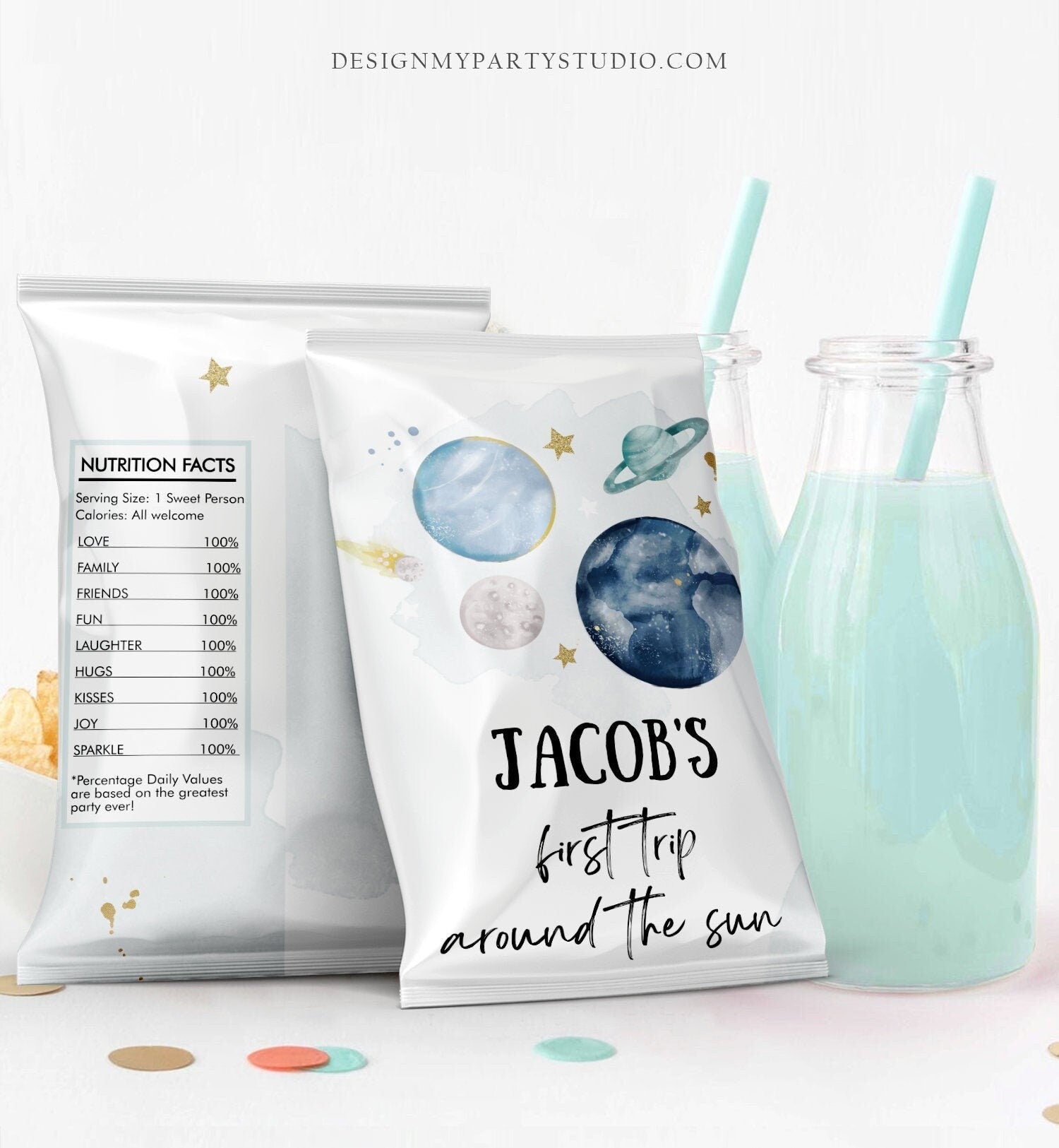 Editable Outer Space Chip Bag First Trip Around the Sun 1st Birthday Party Decor Boy Astronaut Galaxy Favors Digital Template Printable 0357