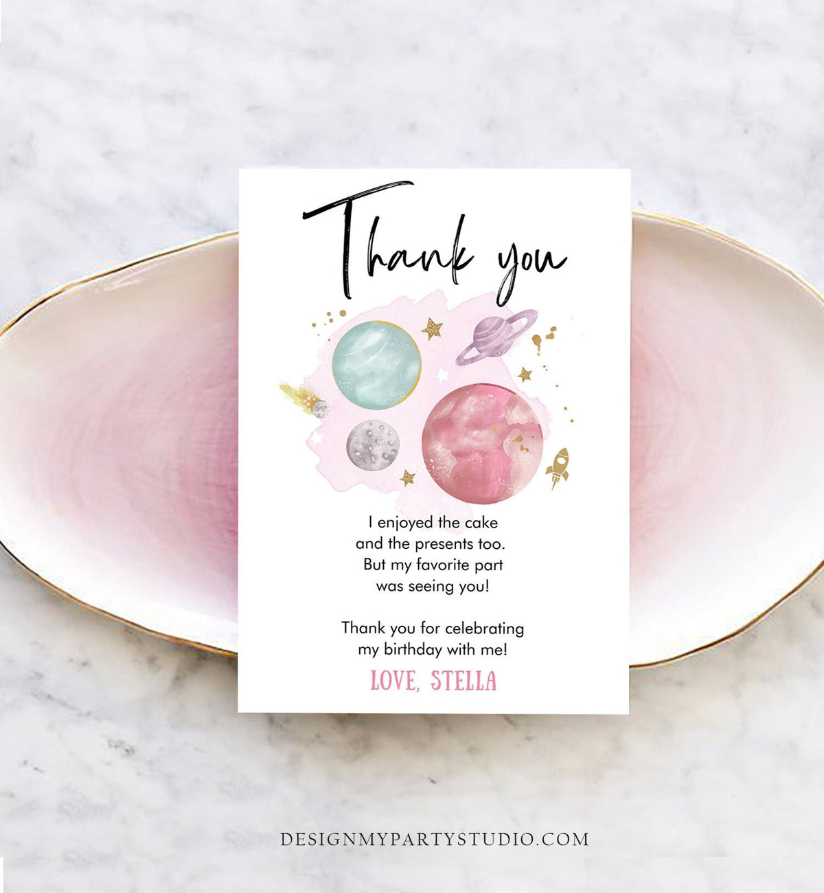Editable Space Thank You Card Birthday Baby Shower Girl Astronaut To the Moon Galaxy Thank You Note Digital Download Template Printable 0357