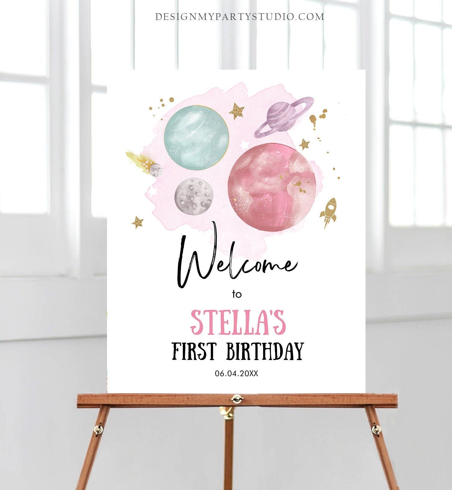 Editable Outer Space Birthday Welcome Sign Birthday Girl Pink Galaxy Planets Trip Around the Sun Digital Download Template Printable 0357
