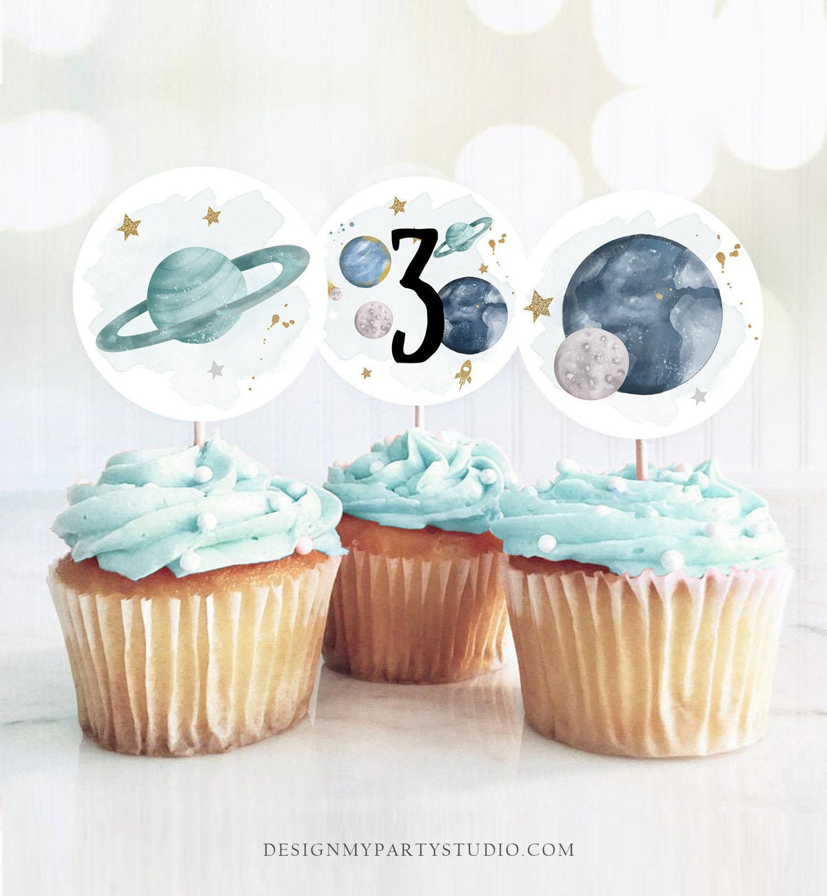 Outer Space Birthday Cupcake Toppers Third Birthday Astronaut Favor Tags Space 3rd Birthday Planets Galaxy Digital Download Printable 0357