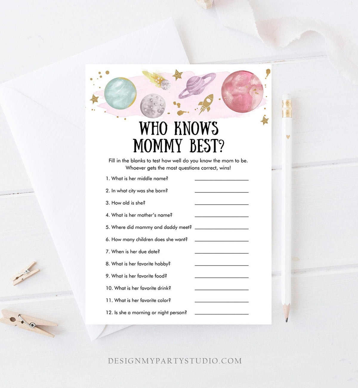 Editable Who Knows Mommy Best Baby Shower Game Outer Space Planets Houston We Have a Girl Rocket Activity Digital Template Printable 0357