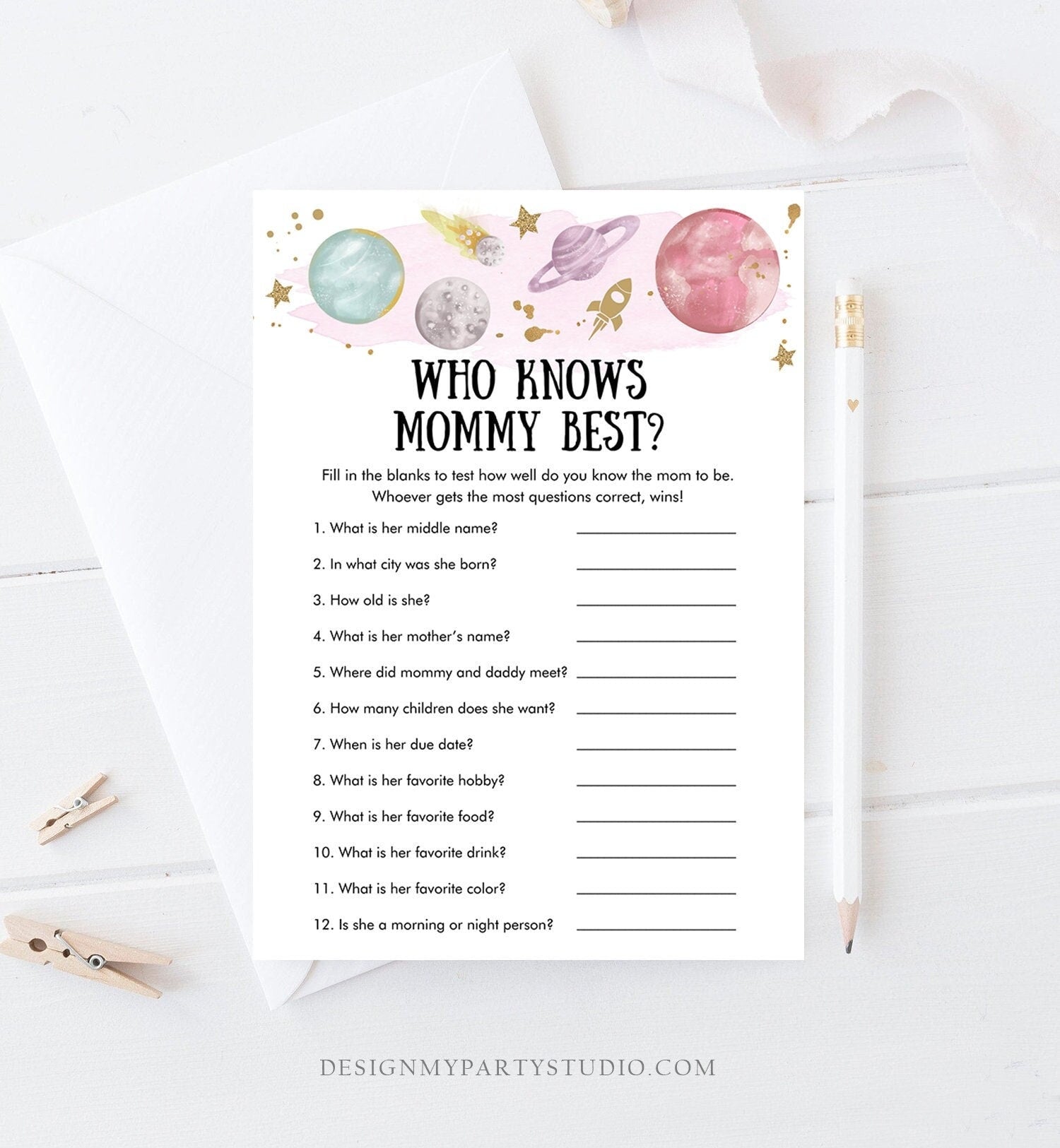 Editable Who Knows Mommy Best Baby Shower Game Outer Space Planets Houston We Have a Girl Rocket Activity Digital Template Printable 0357
