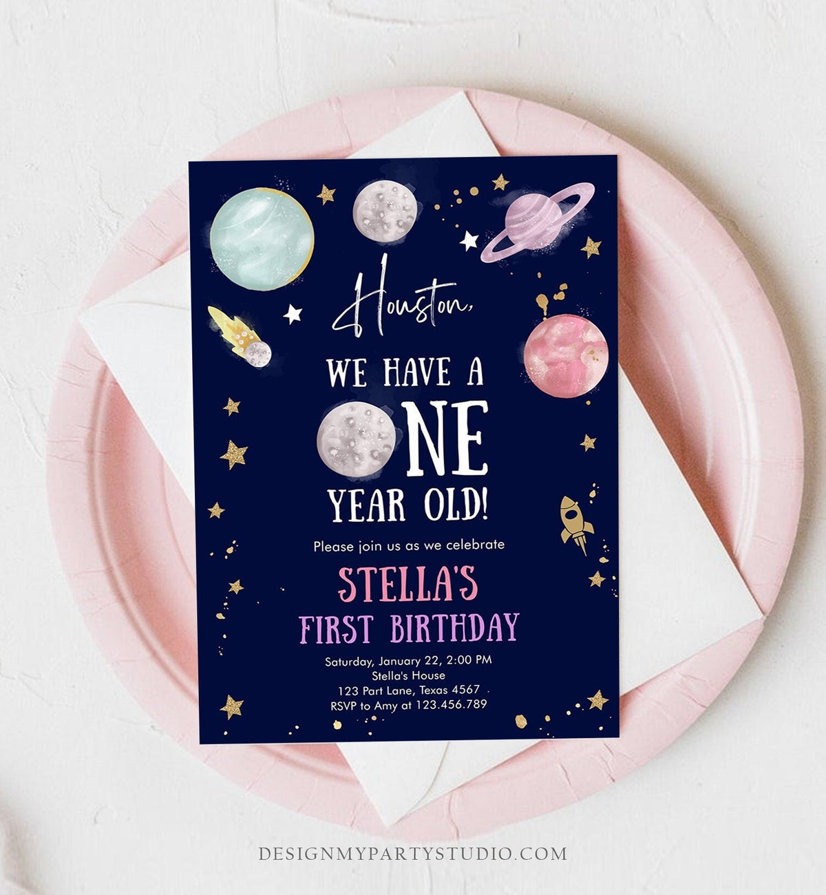 Editable Outer Space First Birthday Invitation Galaxy Houston First Trip Around the Sun One Digital Download Evite Template Printable 0357