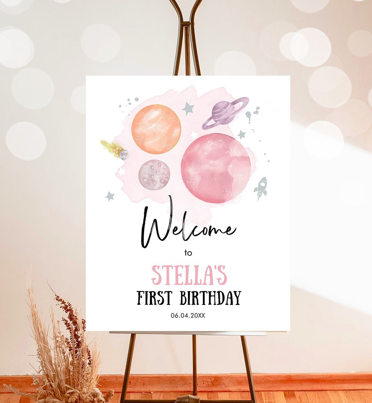 Editable Outer Space Birthday Welcome Sign 1st Birthday Girl Pink Orange Galaxy Planets Trip Around the Sun Digital Template Printable 0357