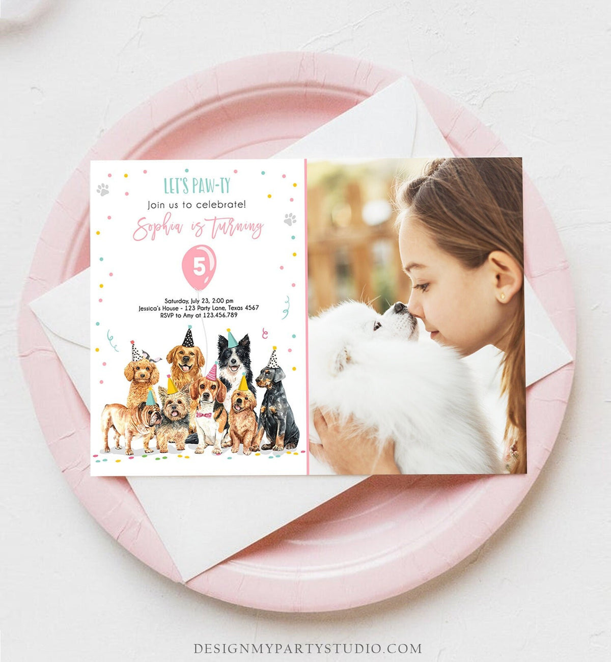 Editable Puppy Birthday Invitation Dogs Birthday Party Invite Pink Girl Watercolor Let&#39;s Pawty Dog Digital Download Template Printable 0384