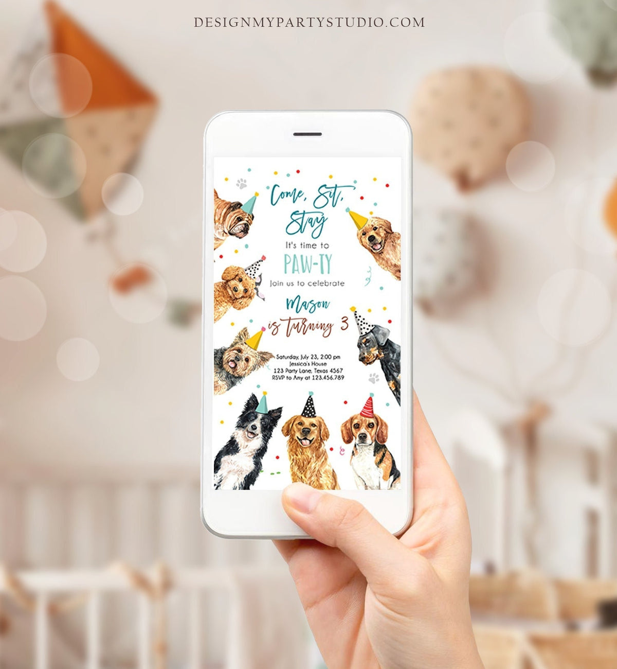 Editable Dog Birthday Party Evite Puppy Birthday Boys Blue Doggy Shelter Animal Pet Vet Phone Electronic Digital Download Template 0384
