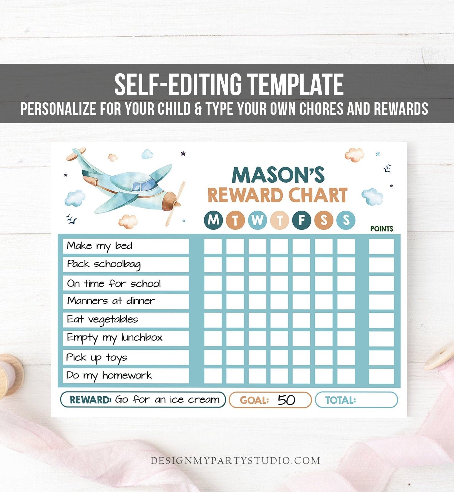 Editable Airplane Reward Chart Boy Girl Blue Vintage Airplane Air Chore Chart for Kids Chores Routine Chart Digital Template Printable 0185