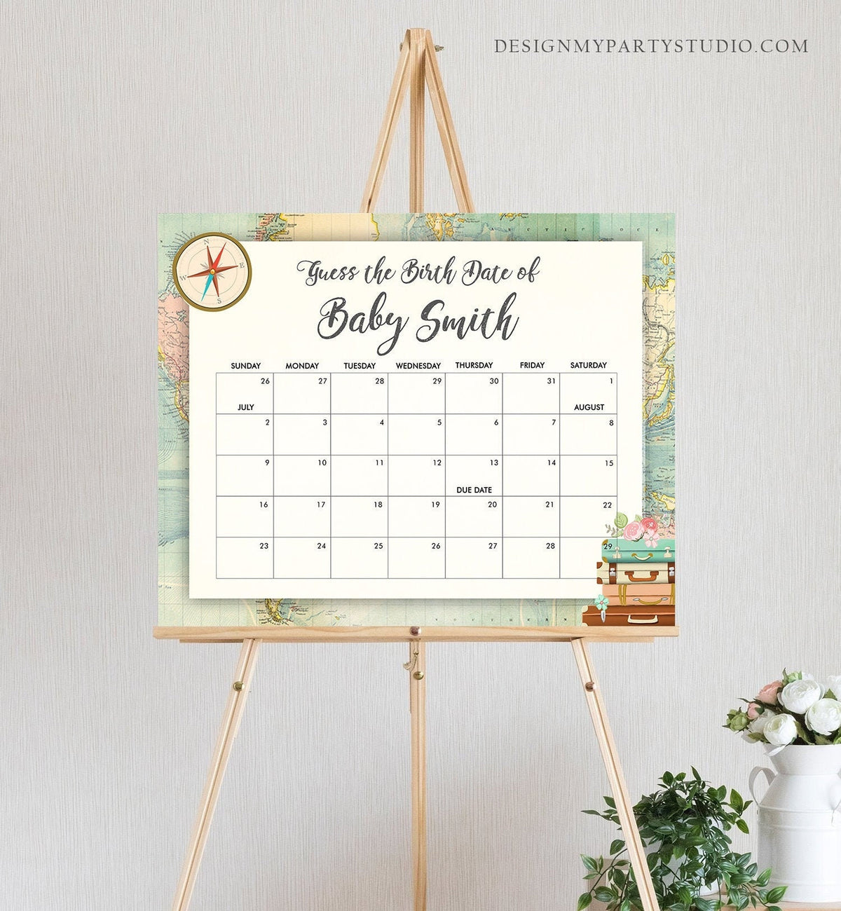 Editable Guess the Birth Date Baby Shower Game Guess Birthday Vintage Travel Adventure Suitcases World Digital Template Printable 0044