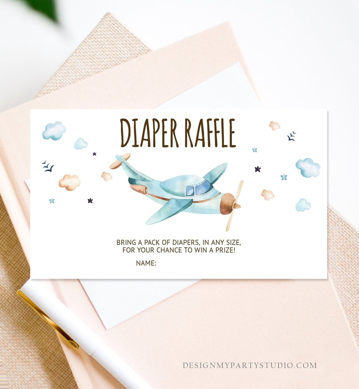 Editable Diaper Raffle Ticket Airplane Baby Shower Travel Adventure Diaper Game Blue Plane Diaper Ticket Digital Template Printable 0185