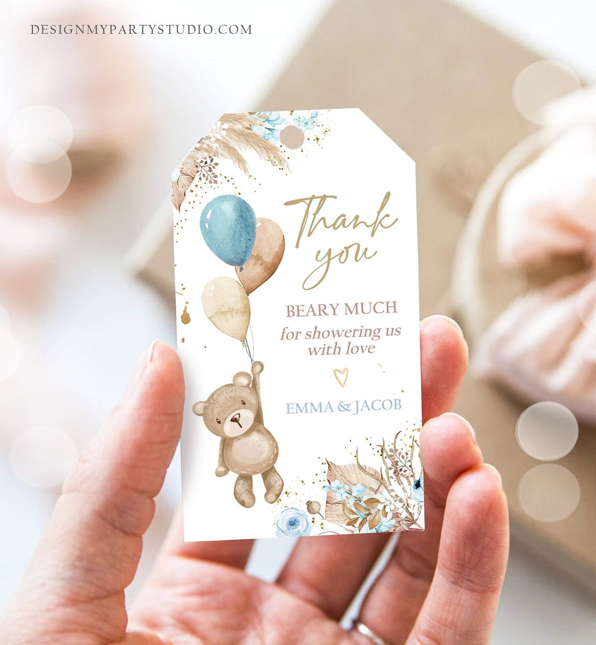 Editable Boho Teddy Bear Favor Tags Thank You Beary Much Tag Bearly Wait Baby Shower Bear Label Boy Pampas Digital Template Printable 0421