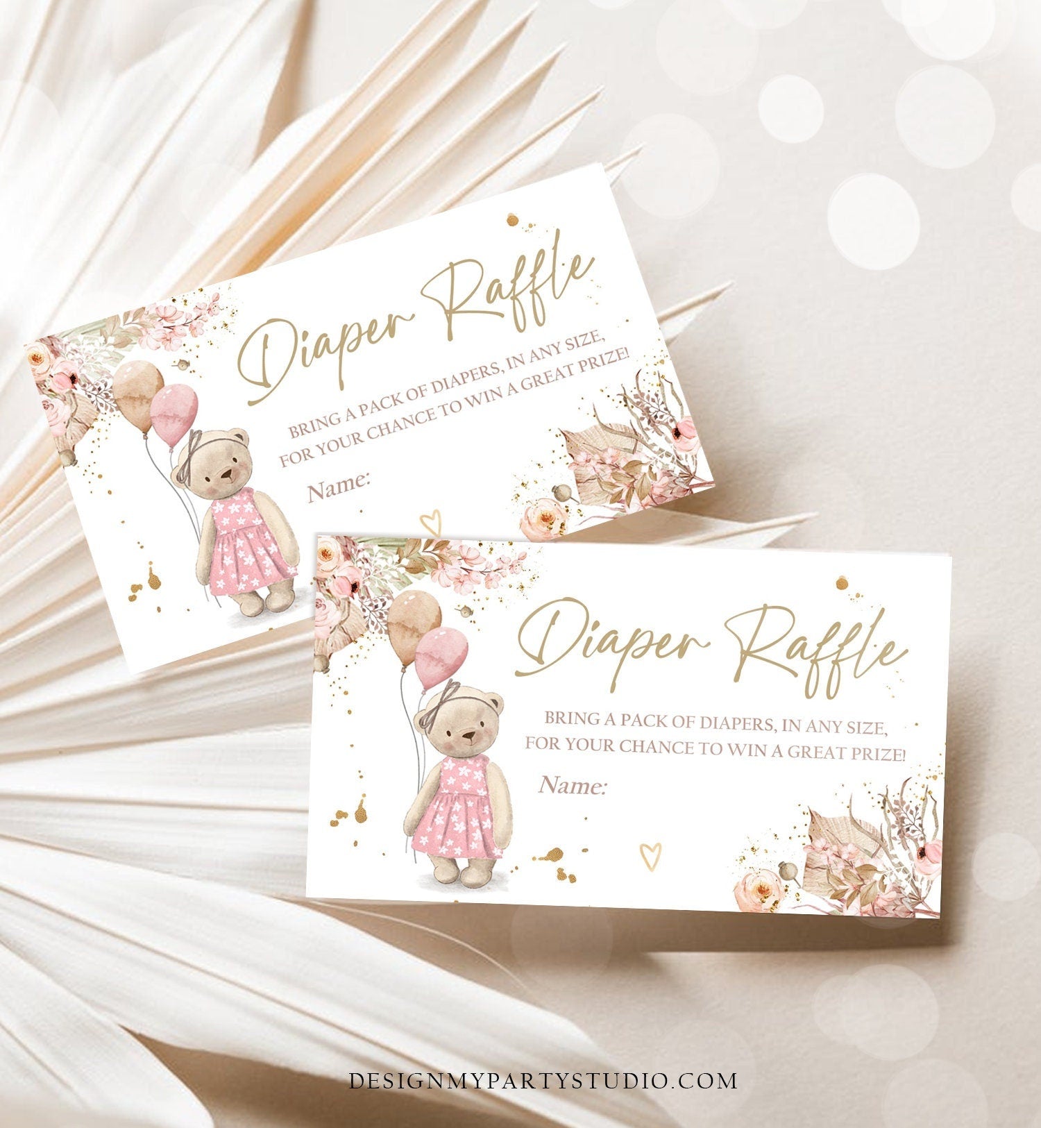 Editable Boho Teddy Bear Diaper Raffle Ticket Bear Baby Shower Pampas Grass Registry Card Diaper Game Girl Digital Template Printable 0421