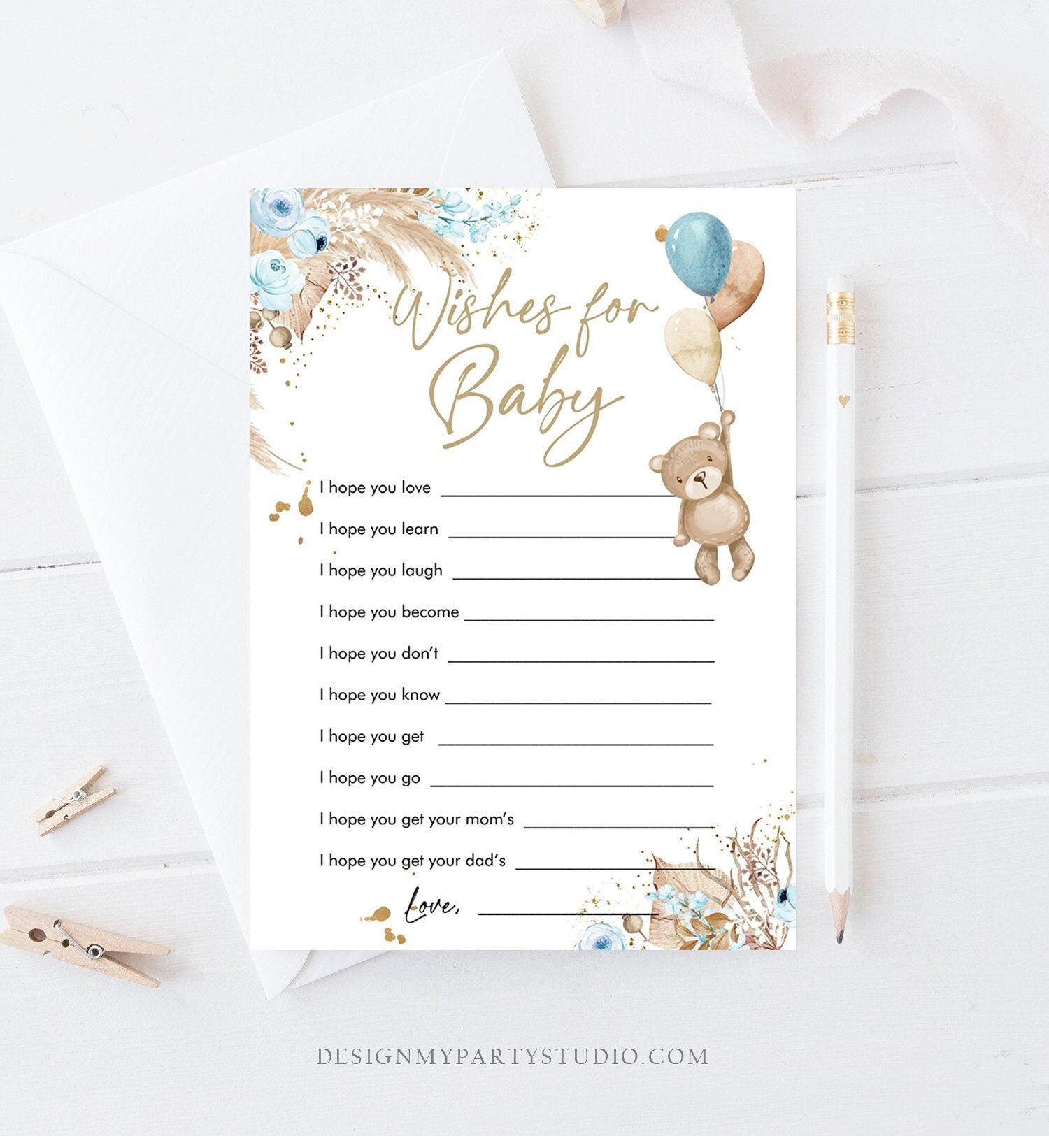 Editable Whishes for the Baby Game Baby Shower Boho Teddy Bear Baby Shower Boy Rustic Pampas Grass Bearly Digital Template Printable 0421