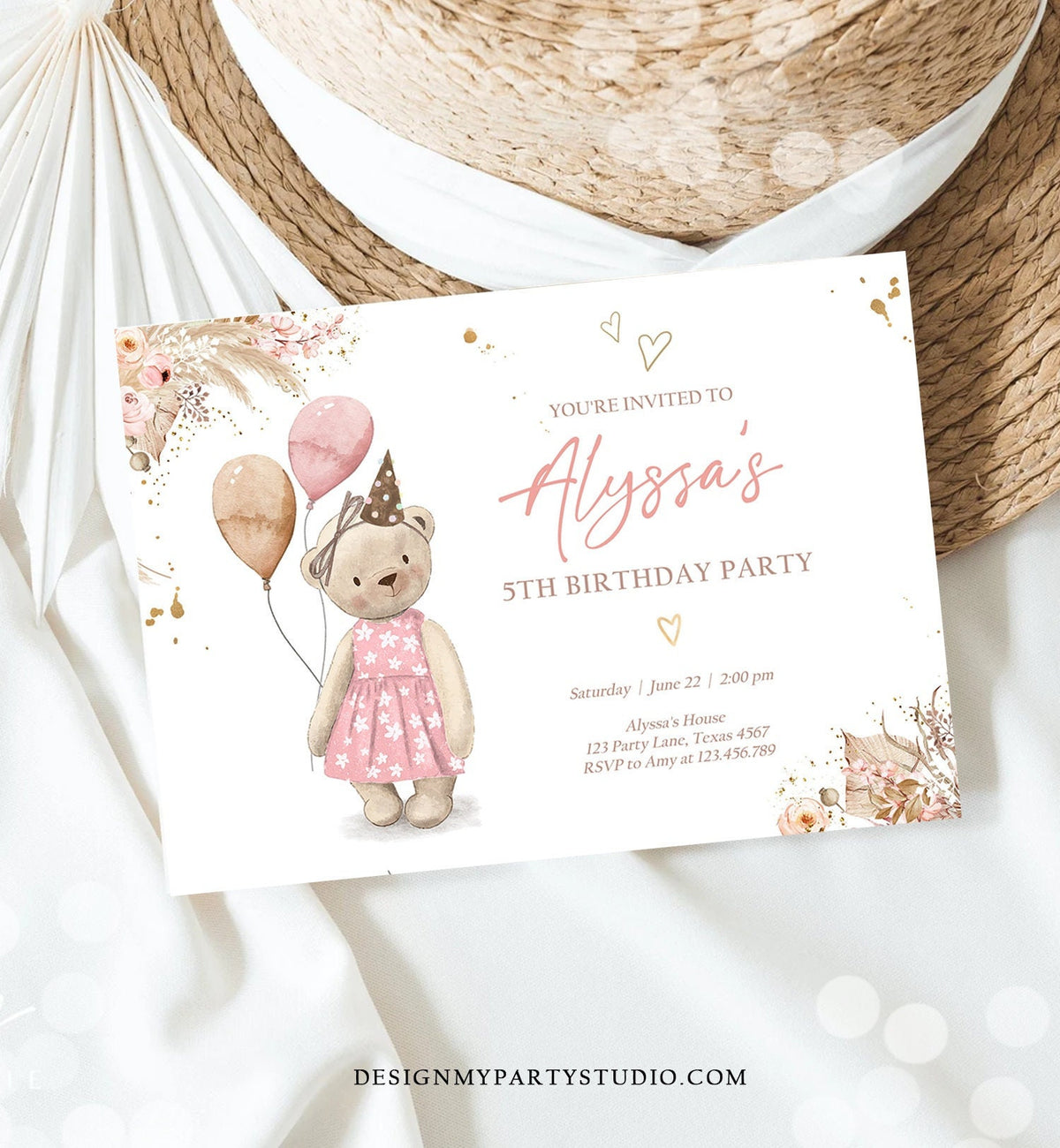 Editable Cute Teddy Bear Birthday Invitation Girl Boho Teddy Bear Picnic Summer Pampas Grass Pink Digital Download Template Printable 0421
