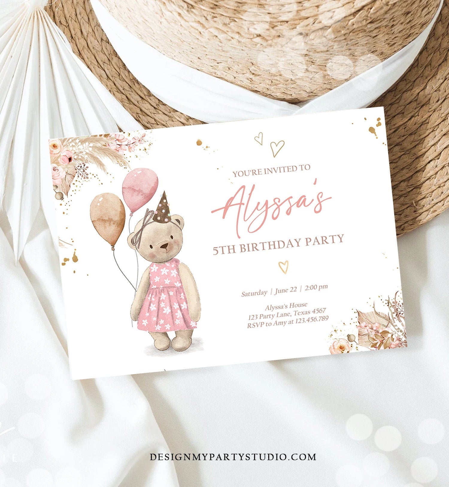 Editable Cute Teddy Bear Birthday Invitation Girl Boho Teddy Bear Picnic Summer Pampas Grass Pink Digital Download Template Printable 0421