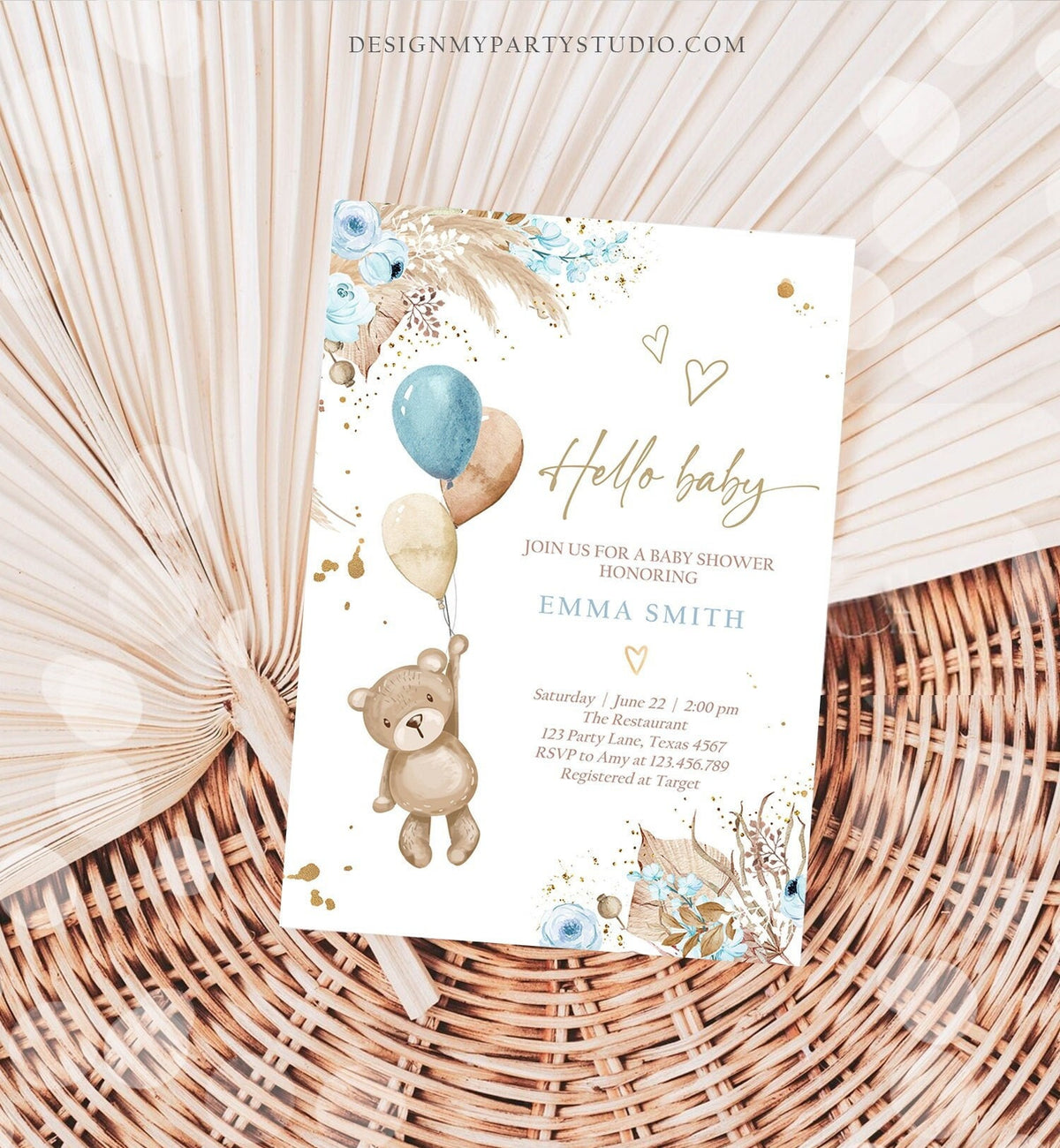 Editable Teddy Bear Baby Shower Invitation We can Bearly Wait Boy Blue Bohemian Pampas Grass Boho Digital Download Template Printable 0421