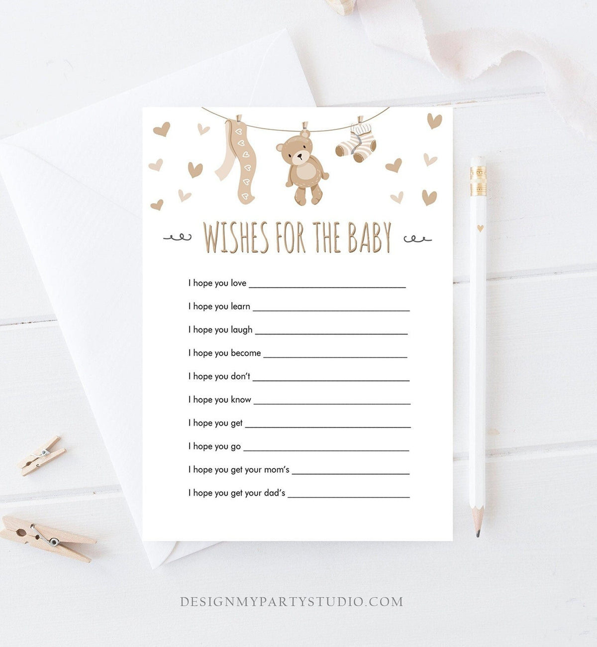 Editable Wishes for Baby Baby Shower Game Teddy Bear Neutral Diaper Advice Card Shower Activity Digital Download Template Printable 0025