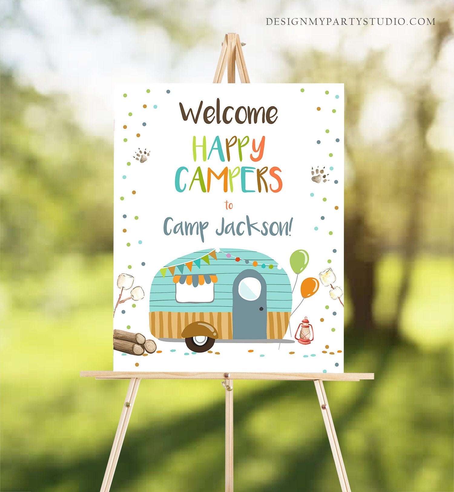 Editable Happy Camper Welcome Sign Camp Birthday Party Boy Smores Bear Camping Glamping Outdoor Fishing Digital Template Printable 0342