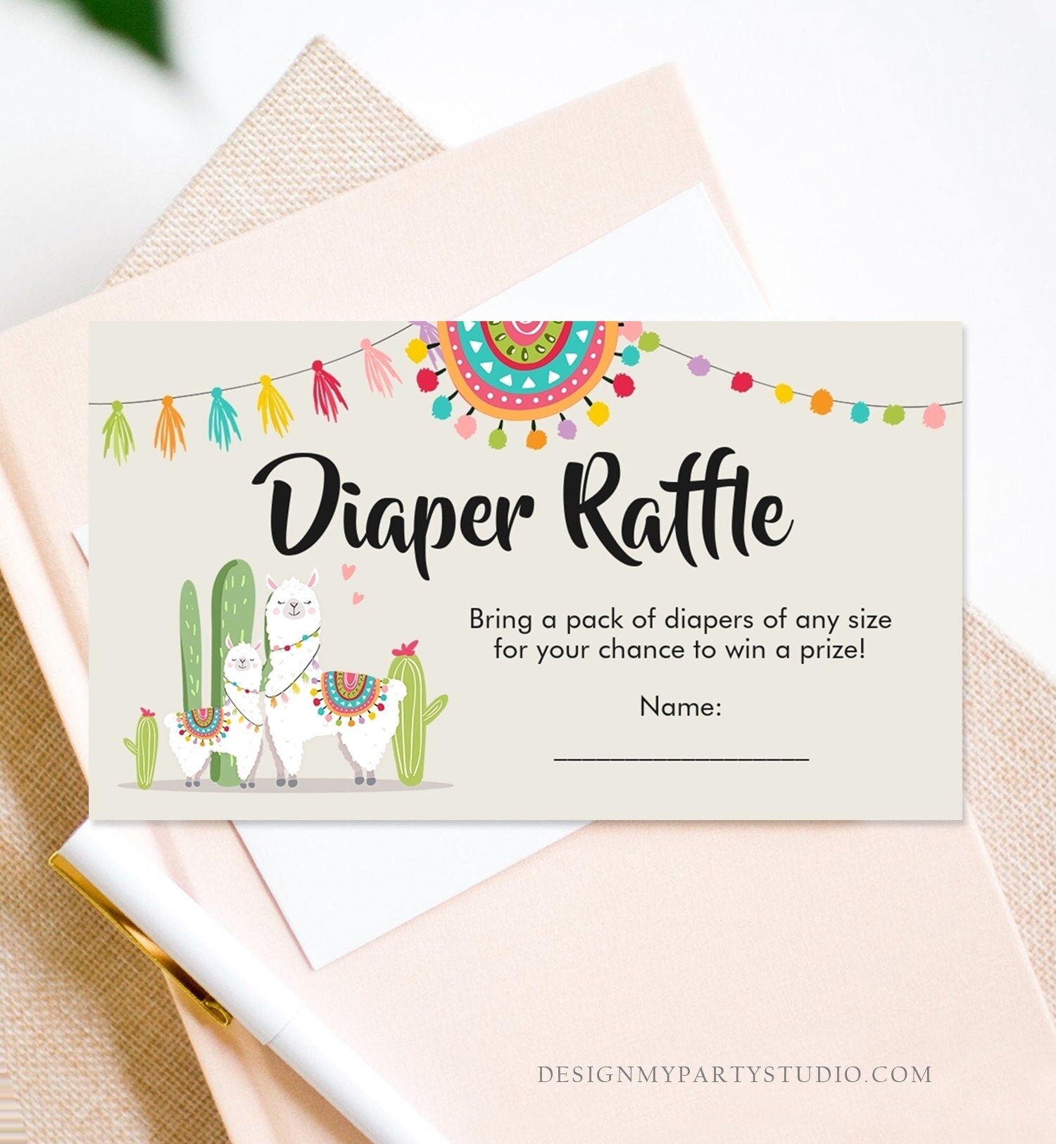 Editable Llama Diaper Raffle Ticket Fiesta Baby Shower Gender Neutral Diaper Game Insert Succulent Mexican Digital Template Printable 0079