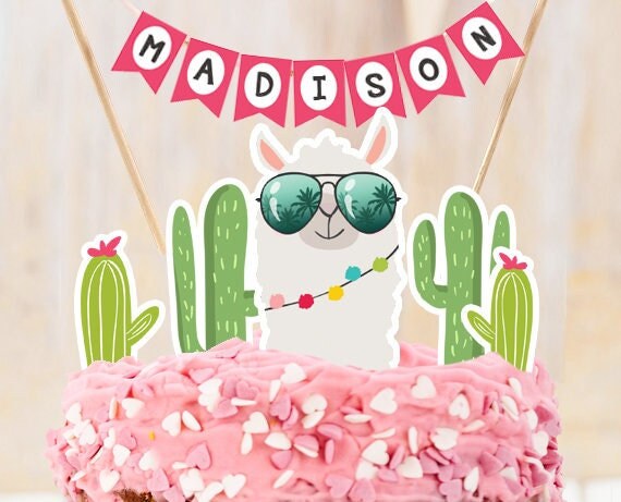 Llama Cake Topper Llama Birthday Llama Party Decor Fiesta Mexican Girl Birthday Cake Name Banner Instant Digital Download Printable 0079
