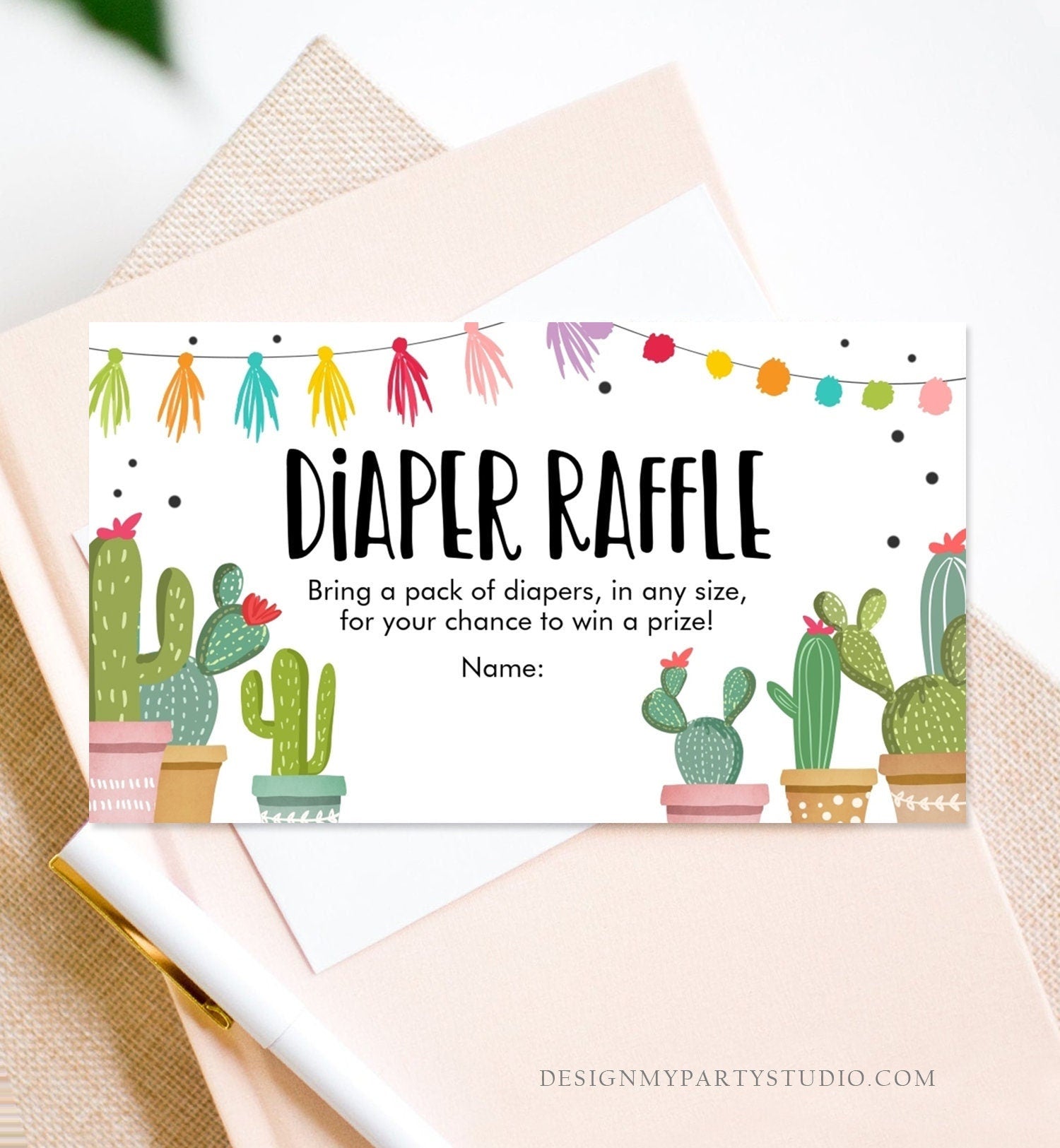 Editable Cactus Diaper Raffle Ticket Cactus Fiesta Baby Shower Game Insert Succulent Couples Shower Digital Download Template Printable 0254