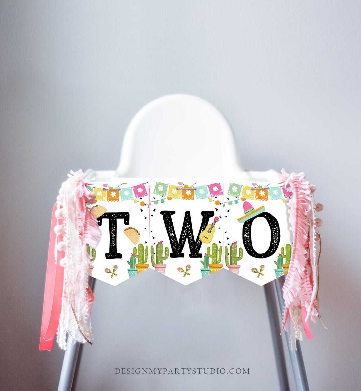 TWO Fiesta High Chair Banner Girl Second Birthday 2nd Chair Banner Taco Twosday Mexican Pink Cactus Cinco de Mayo Digital Printable 0161