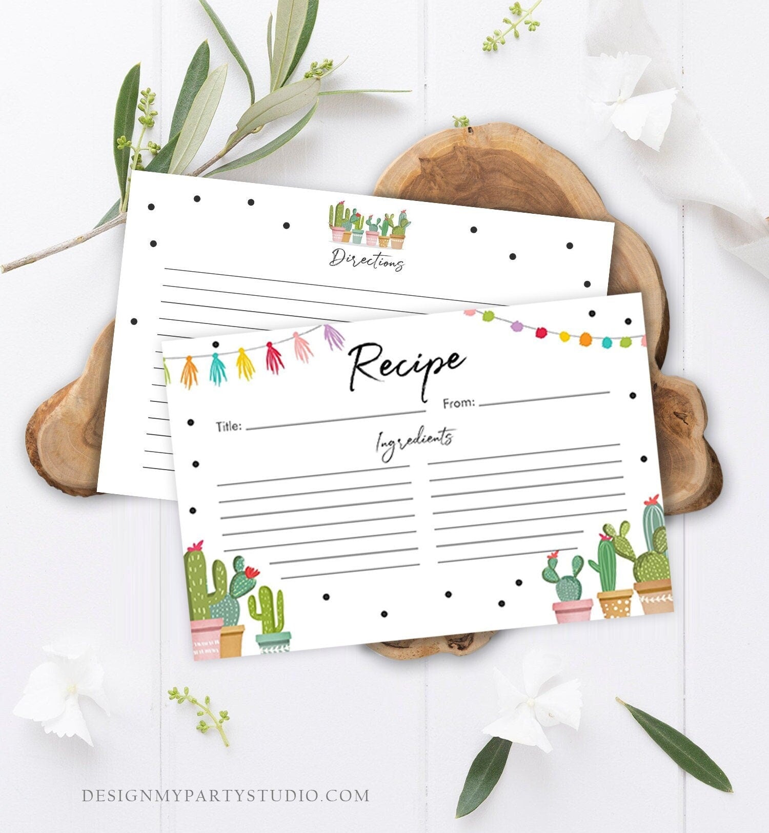 Editable Fiesta Cactus Recipe Card Fiesta Bridal Shower Baby Succulent Mexican Cooking Kitchen Digital Download Template Printable 0254