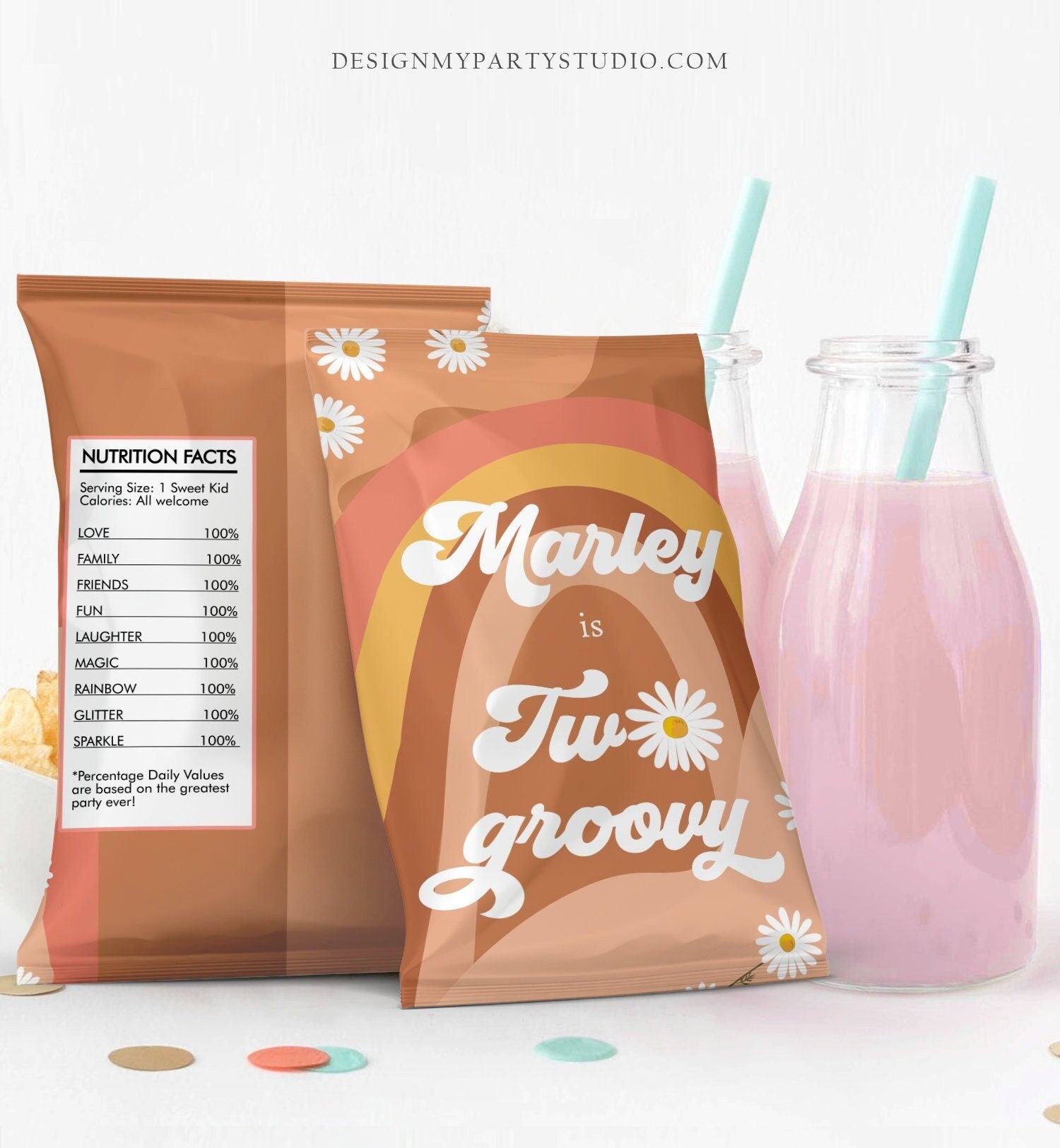 Editable Two Groovy Birthday Chip Bag Groovy Party Decor Girl Rainbow Flower Power Boho Retro Snack Favor Digital Template Printable 0428