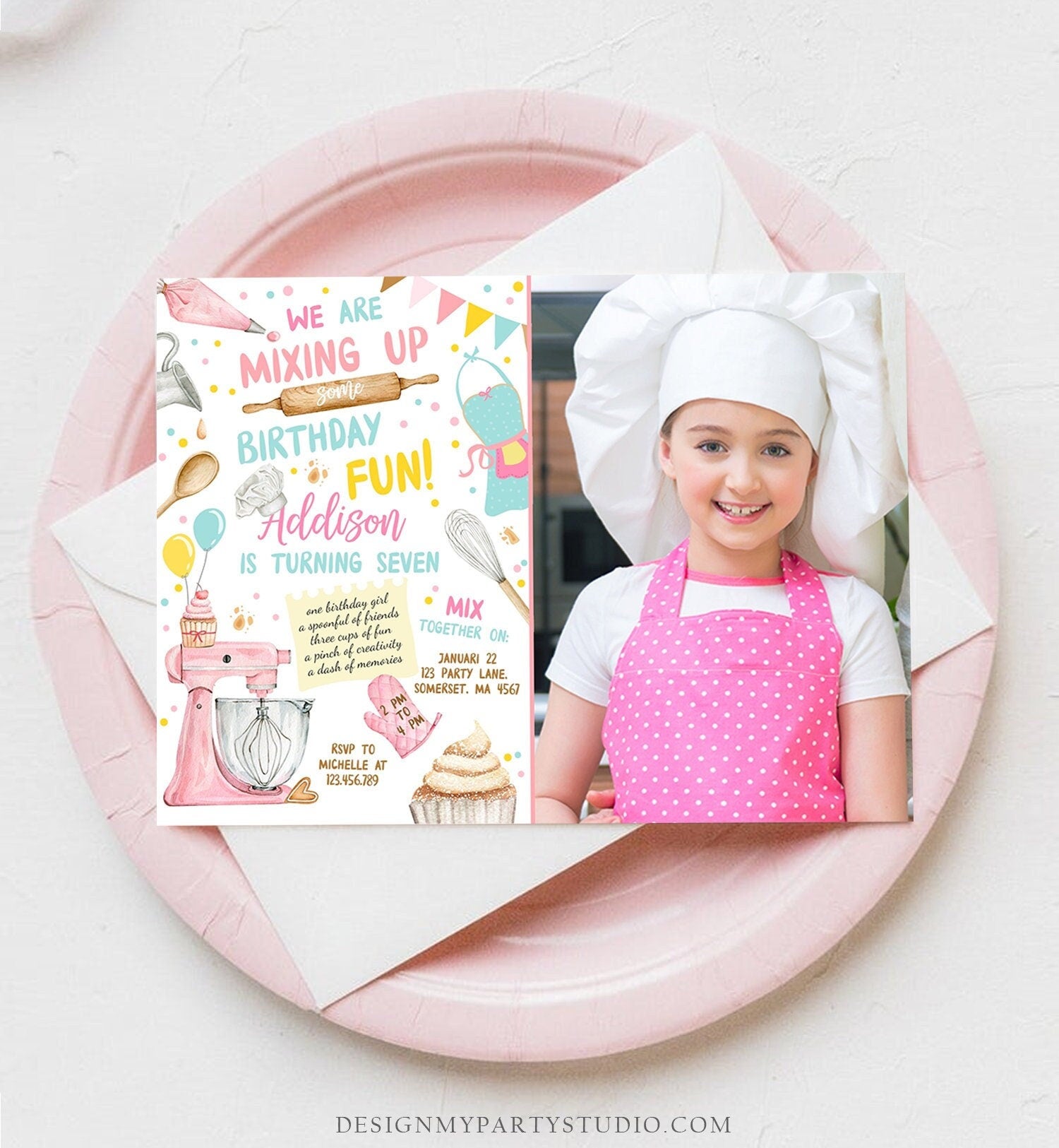 Editable Baking Birthday Party Invitation Kids Cooking Birthday Girl Chef Party Kitchen Cupcakes Pink Digital Template Printable 0364
