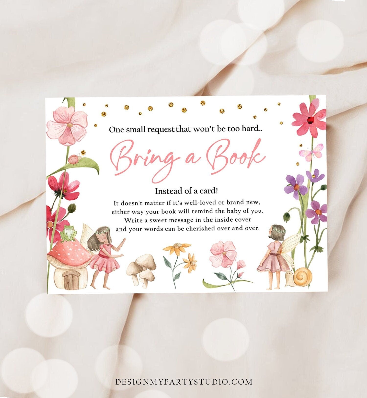 Editable Fairy Bring a Book Card Note Card Magical Forest Baby Shower Book Insert Books for Baby Request Digital Template Printable 0406