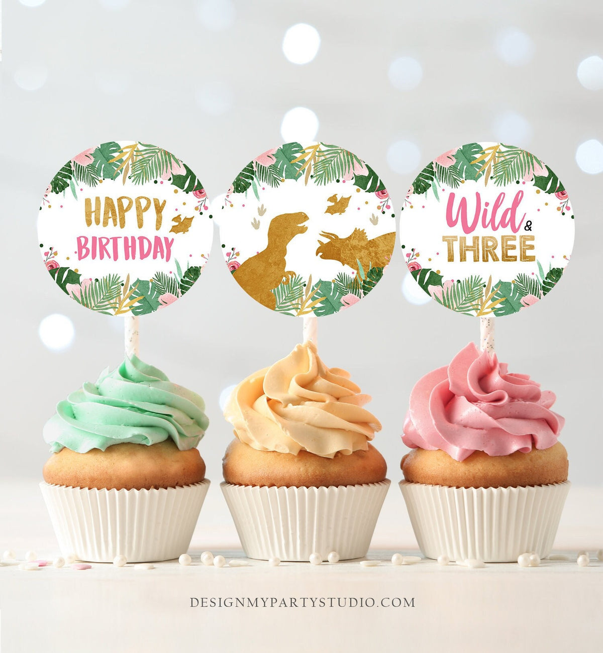 Wild and Three Cupcake Toppers Favor Tags Dinosaur Third Birthday Party 3rd Decor Girl Stickers Dino Party Pink Gold Download Printable 0146
