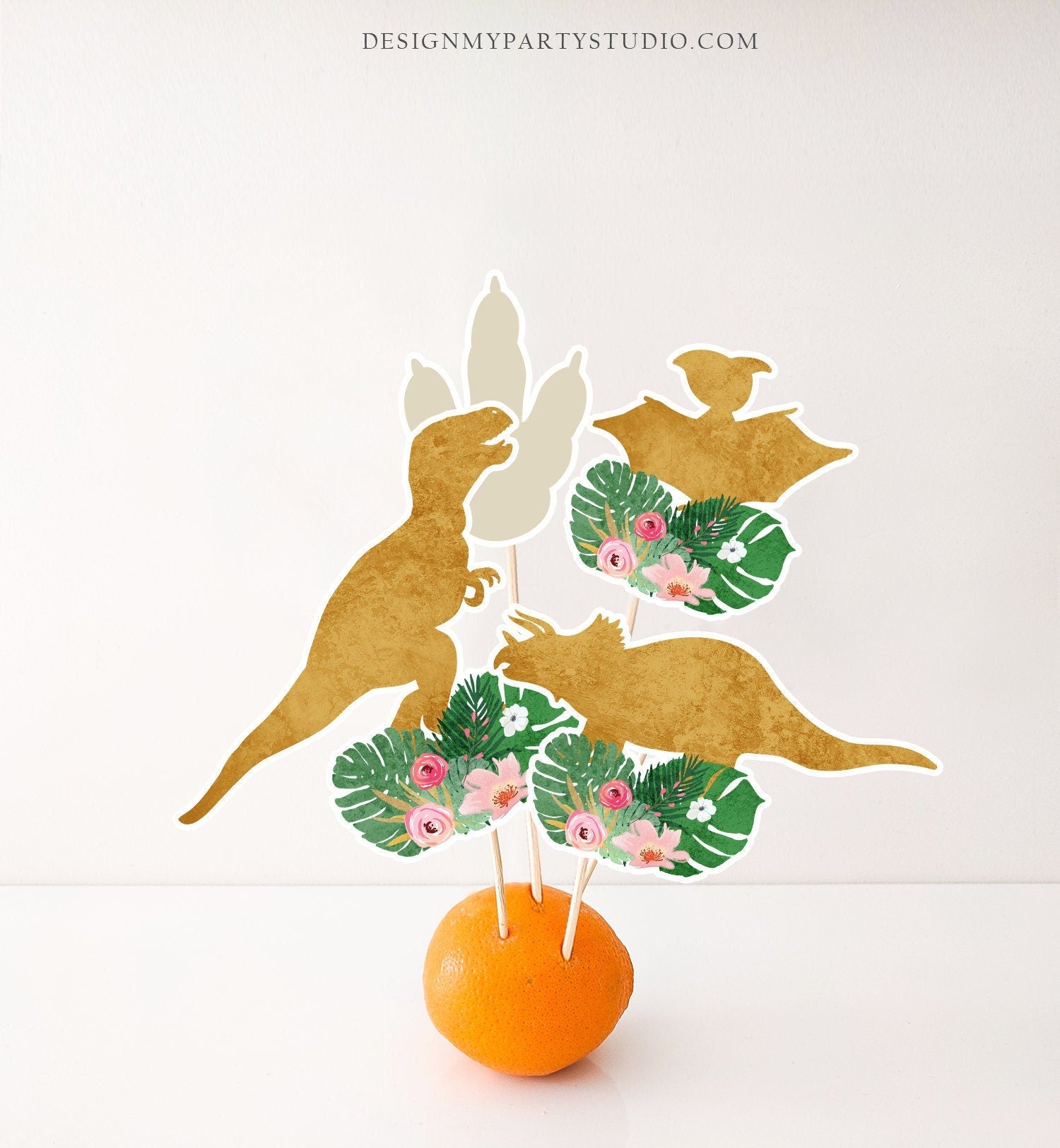 Printable Dinosaur Centerpieces Safari Leaves Gold Girl Birthday Party Jungle Cake Topper Decor Wild One Digital Download Printable 0146