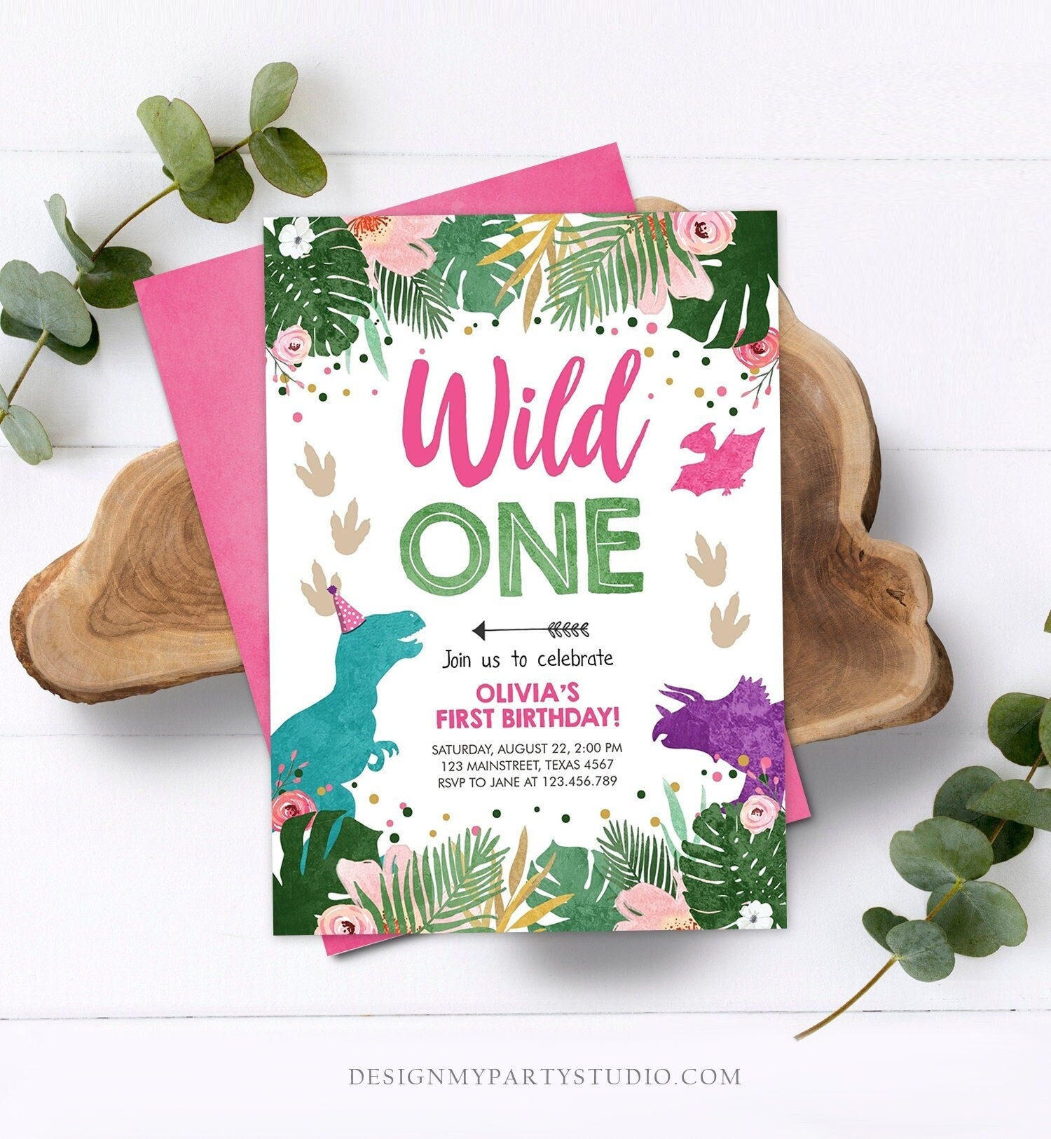 Editable Wild One Birthday Invitation Dinosaur Dino Party Girl 1st First Birthday Pink Purple Digital Download Evite Template Printable 0388