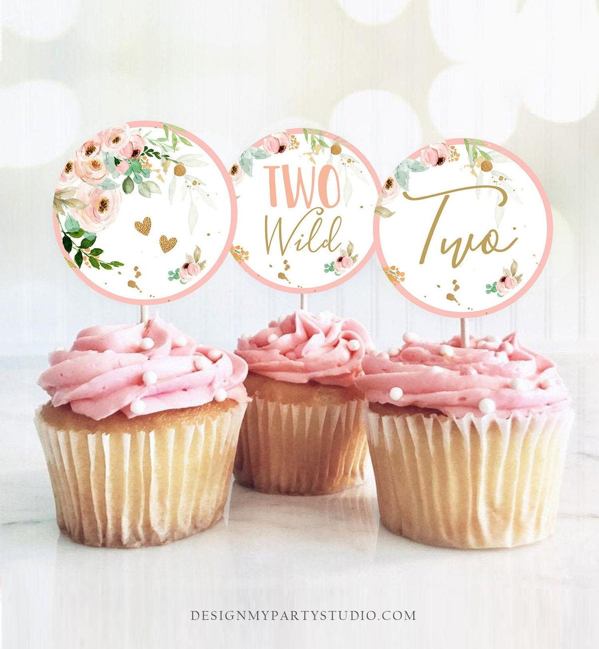 Two Wild Birthday Cupcake Toppers Favor Tags Girl Second Birthday Party 2nd Birthday Decor Floral Pink Gold Digital Download Printable 0147