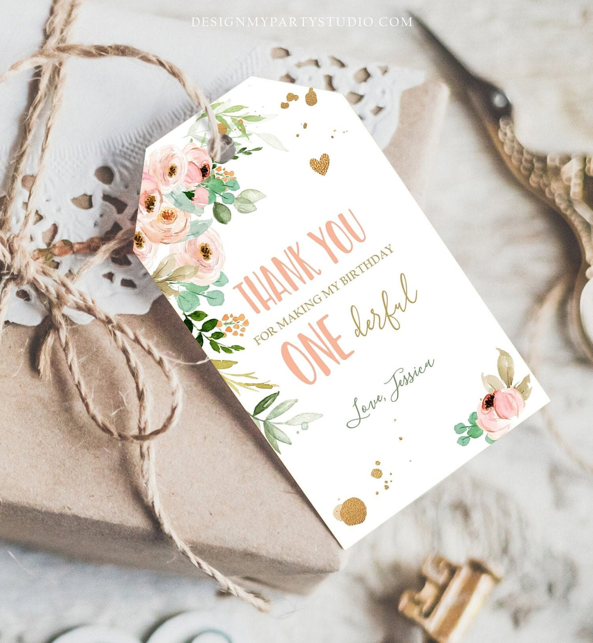 Editable Floral Favor tags Little Miss Onederful Birthday Thank you tag Girl Pink and Gold Peonies Flowers Digital Template Printable 0147