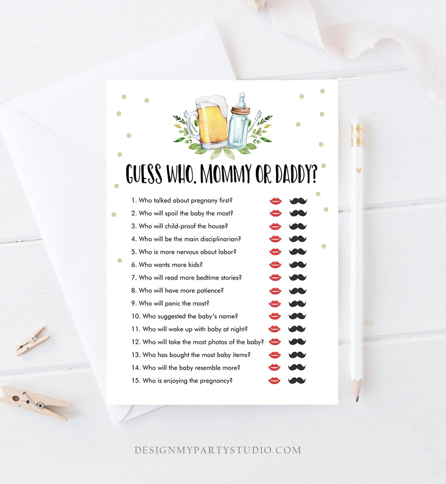 Editable Mommy or Daddy Baby Shower Game Guess Who Mom Dad Greenery Baby is Brewing Activity Beer Bottle Digital Template Printable 0190