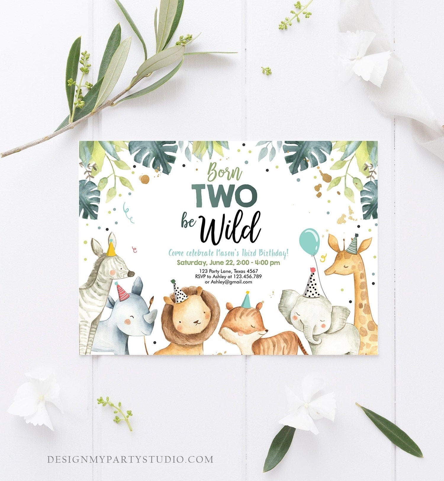 Editable Born Two Be Wild Birthday Invitation Safari Animals Green Gold Boy Jungle Zoo Second Birthday 2nd Digital Template Printable 0163