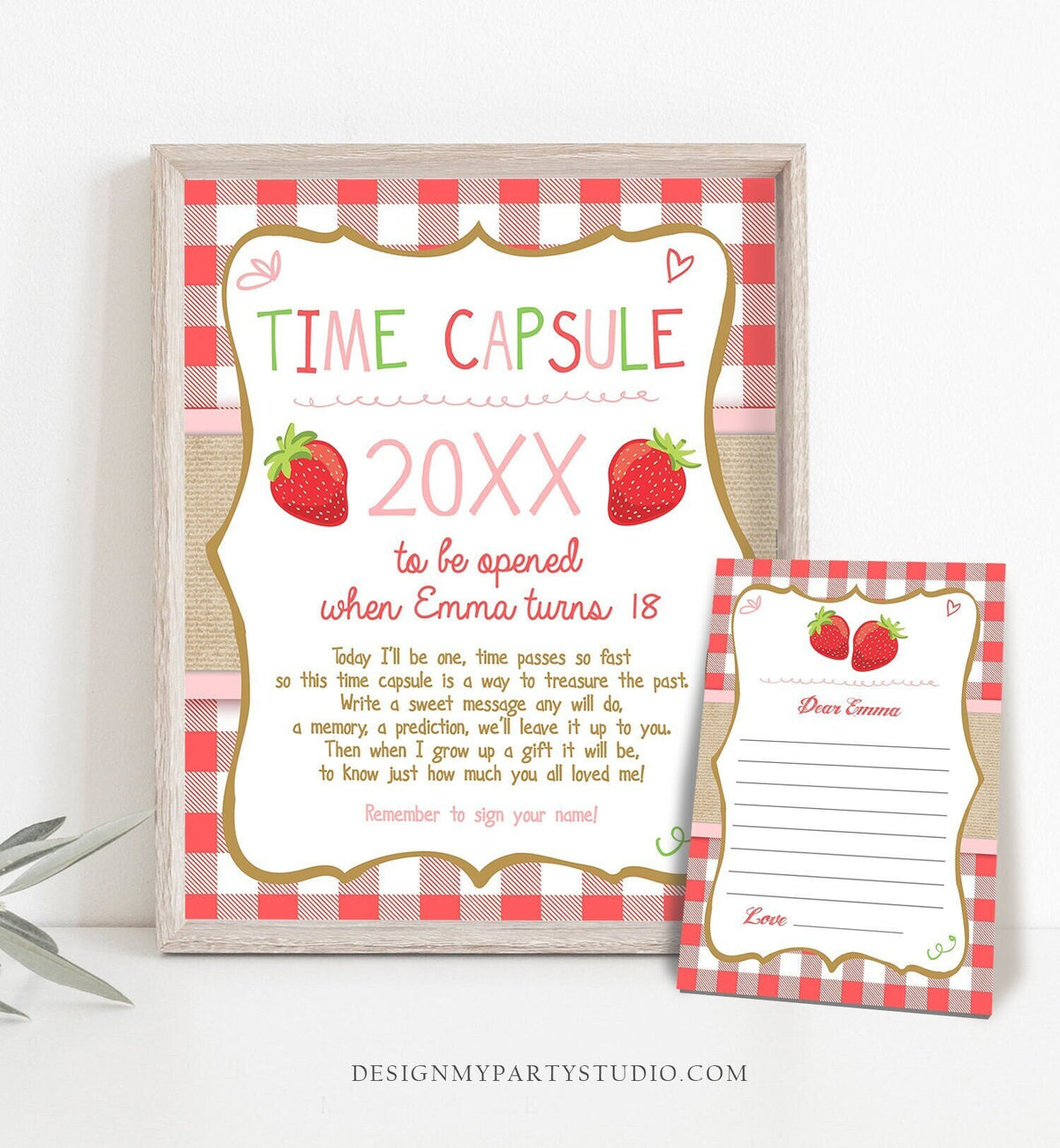 Editable Strawberry Time Capsule Berry Sweet First Birthday Party Strawberry Decorations Party Girl Pink Corjl Template Printable 0091